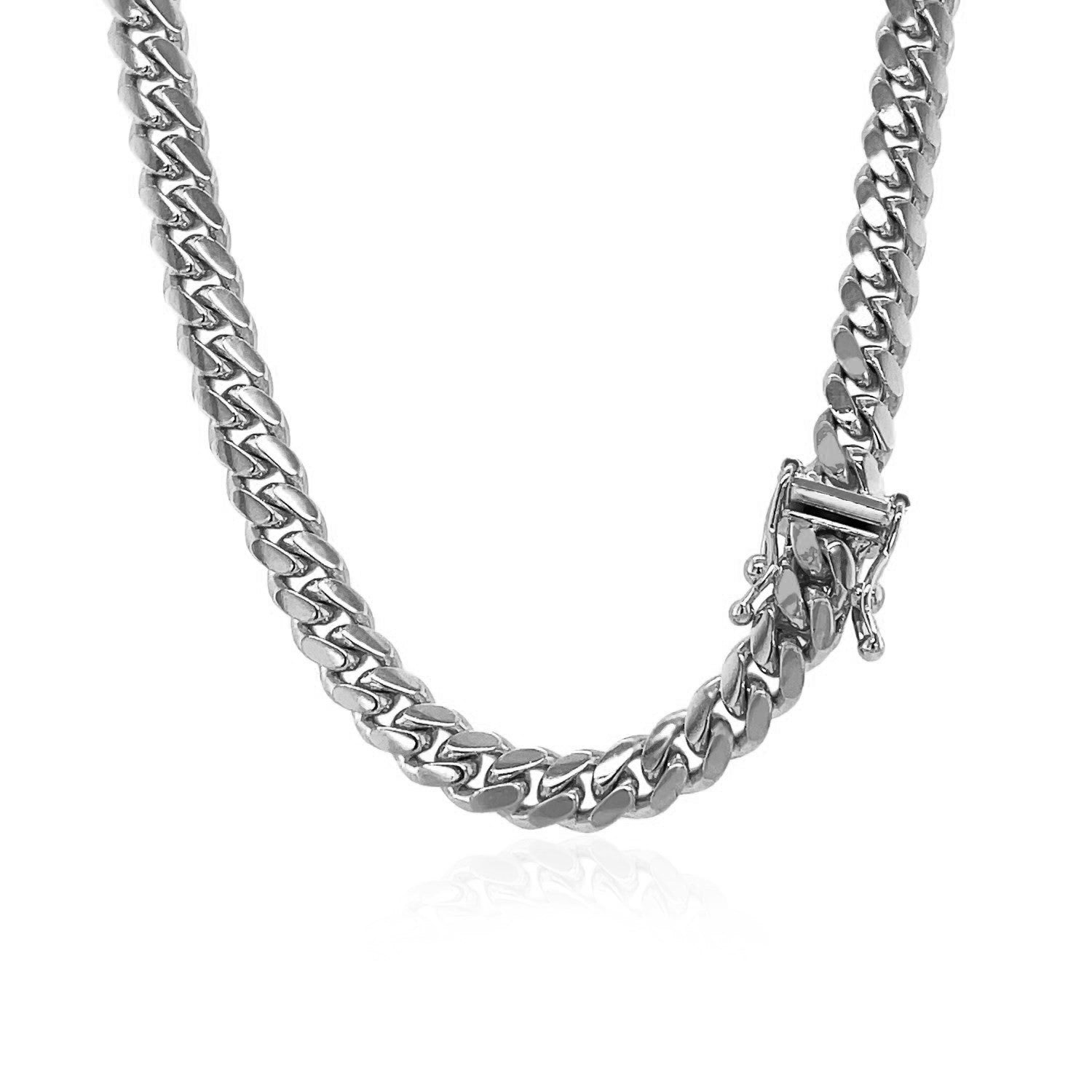 14k white gold classic Miami Cuban solid chain with a box clasp.