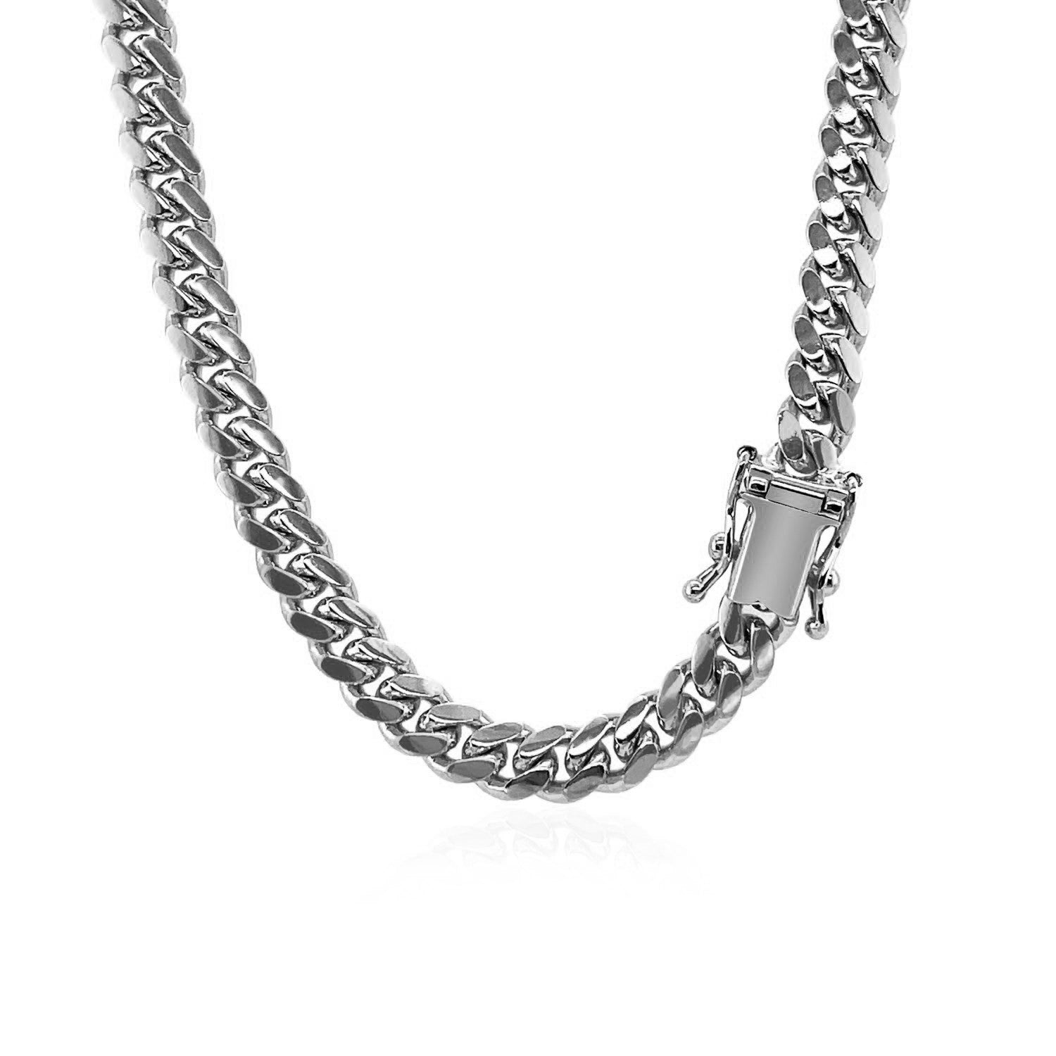 14k white gold classic Miami Cuban solid chain with a box clasp.