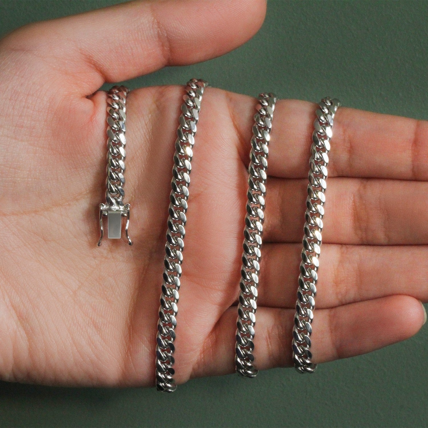 14k white gold classic Miami Cuban solid chain, 5.00 mm, with a box clasp.
