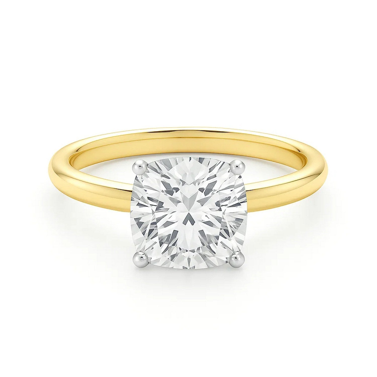 A cushion-cut lab-grown diamond solitaire ring in 14K yellow gold.