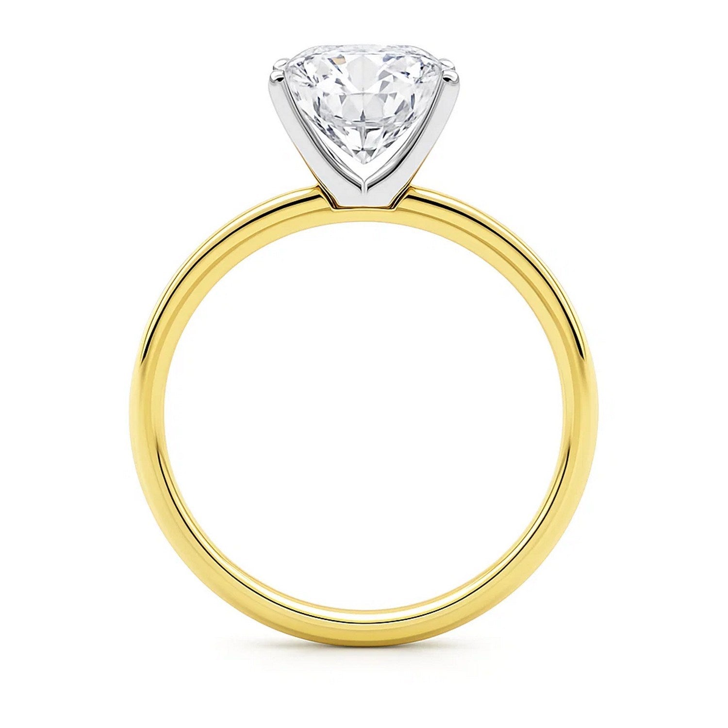 A 5 carat cushion lab grown diamond solitaire ring in 14K yellow gold.
