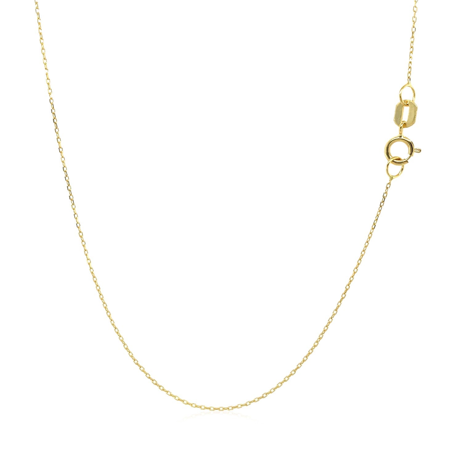 A delicate 14k yellow gold cable chain necklace with a spring ring clasp.