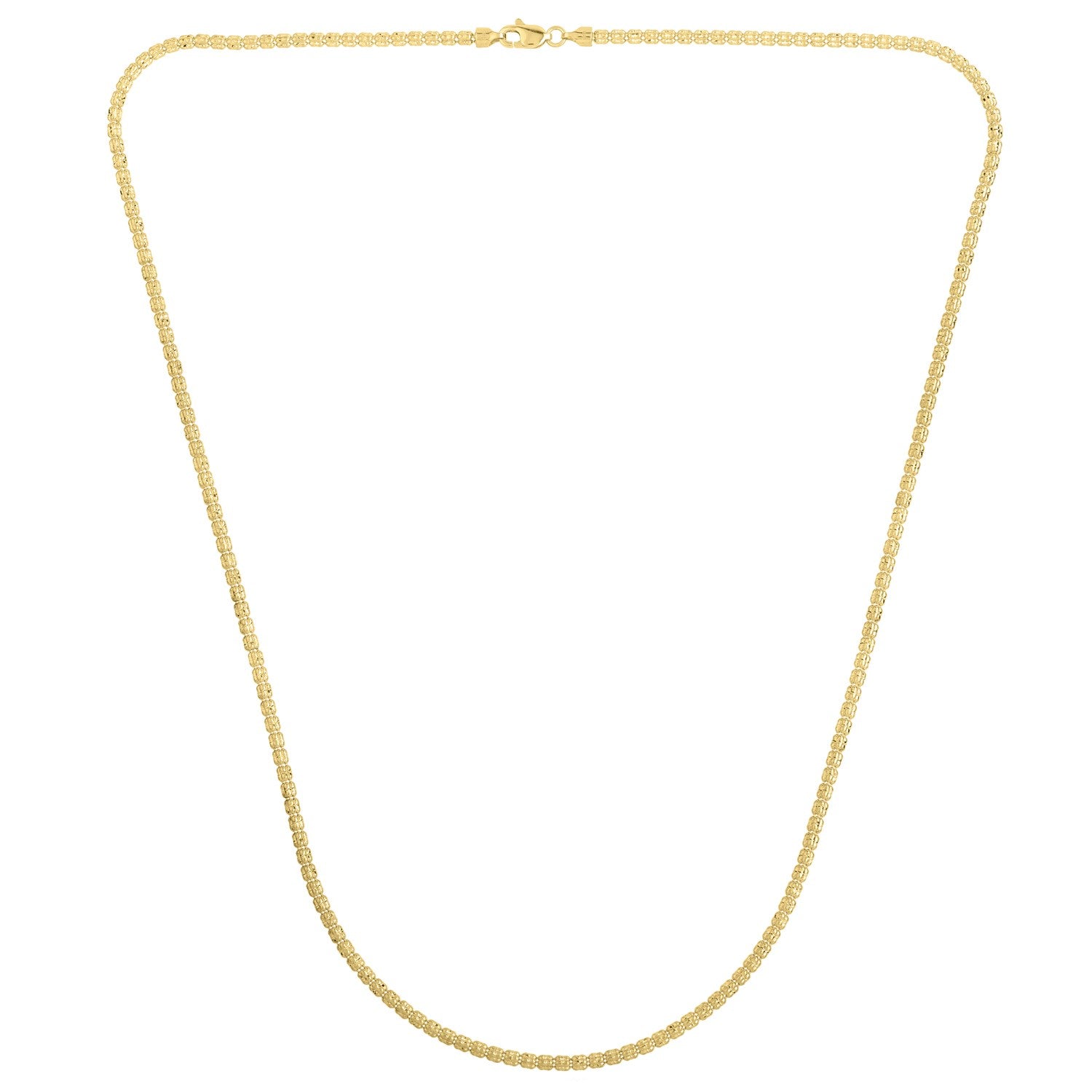 A 14k yellow gold barrel link chain with a lobster clasp.