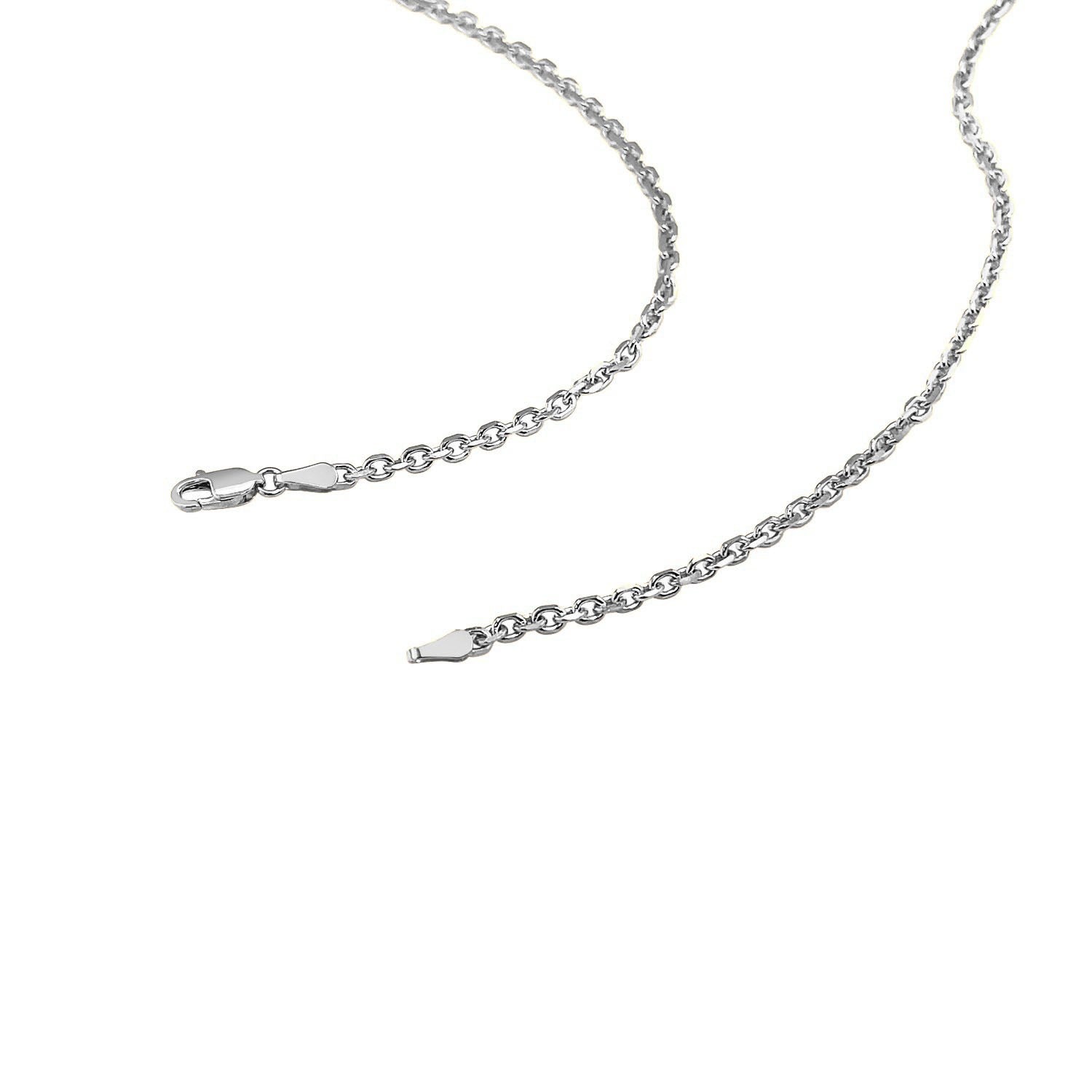 A 14k white gold diamond cut cable link chain with a lobster clasp.