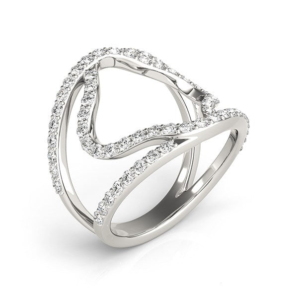 14k white gold diamond flower style dual band ring with 64 round diamonds.