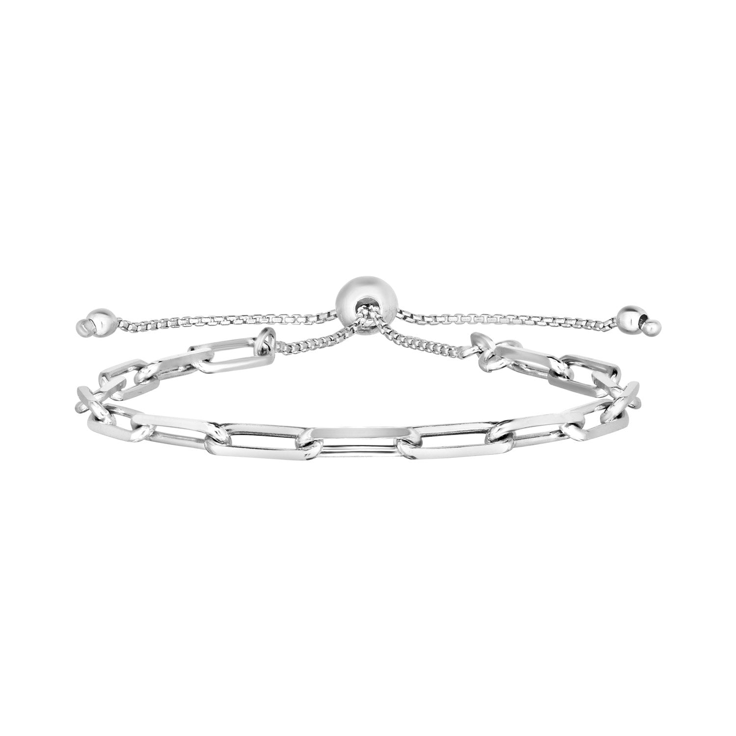 Sterling silver paperclip chain adjustable bracelet with a polished finish.