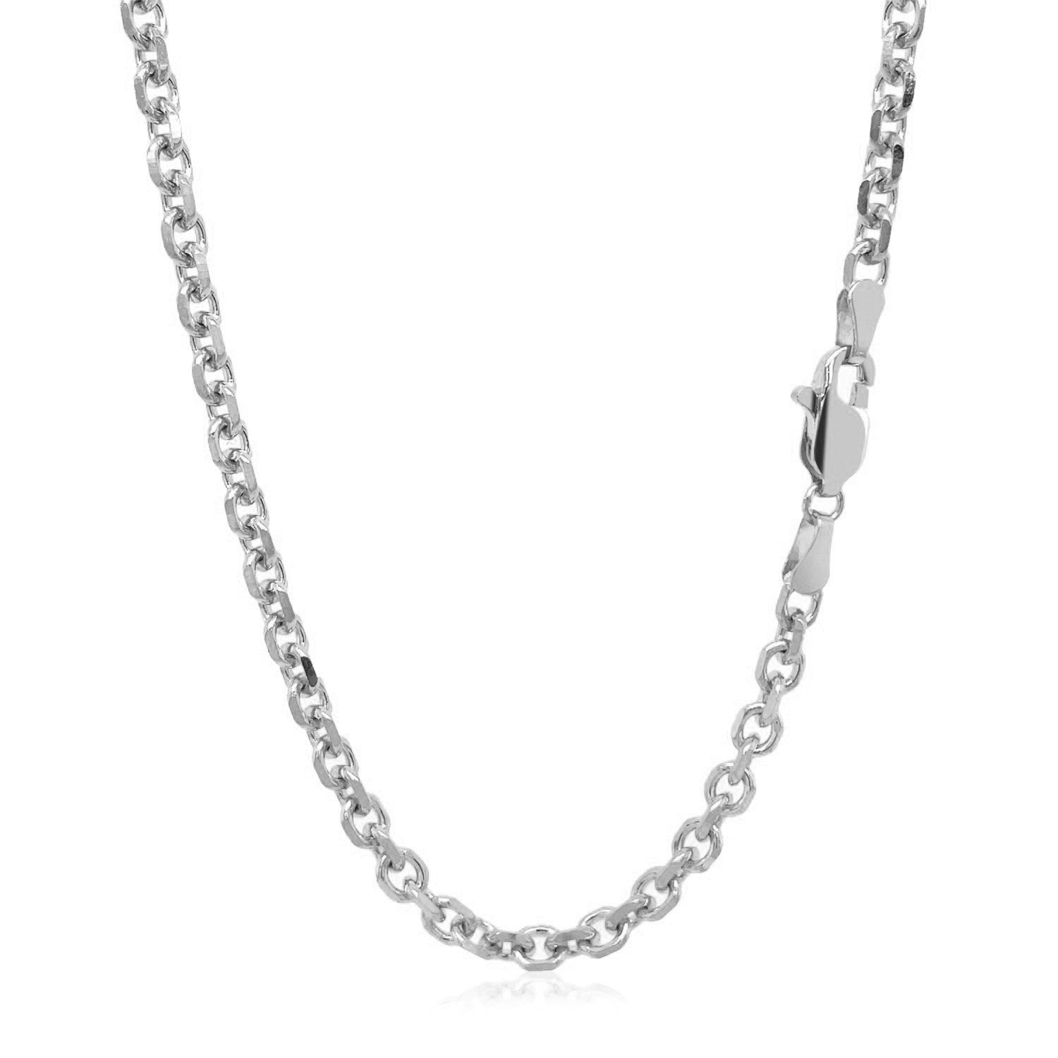 A 14k white gold diamond-cut cable link chain with a lobster clasp.