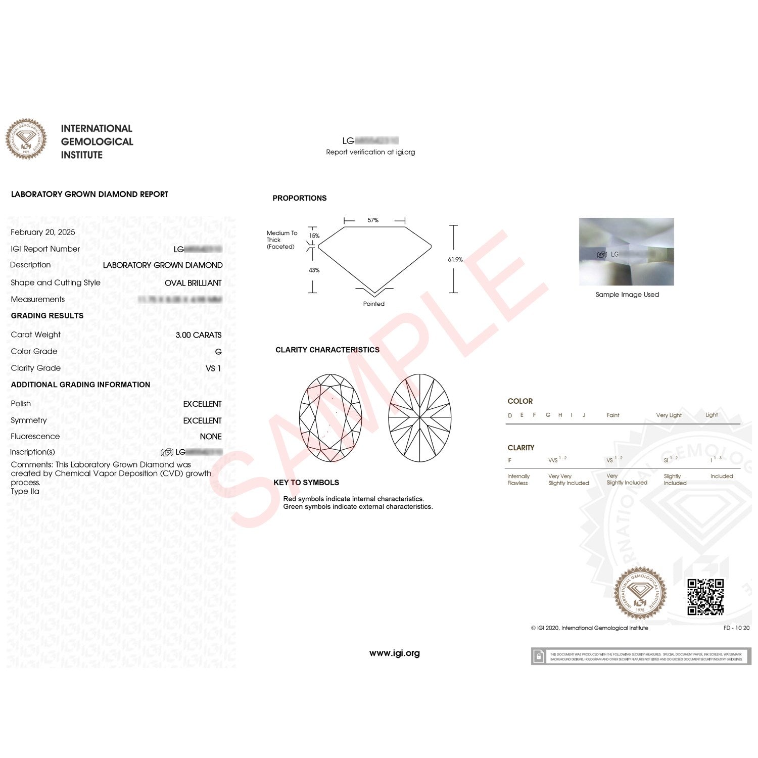 An IGI lab-grown diamond report for a 3 carat oval G/VS1 diamond.