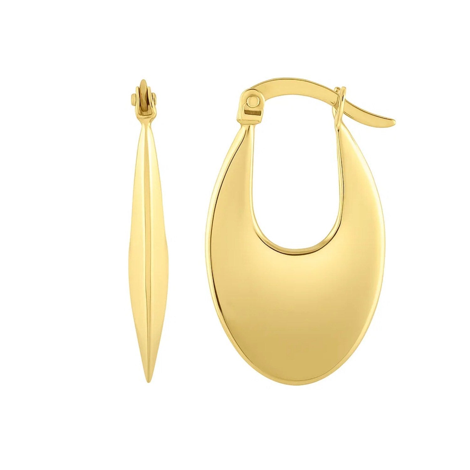 A pair of polished 14K yellow gold oval hoop earrings with hinged snap backs.