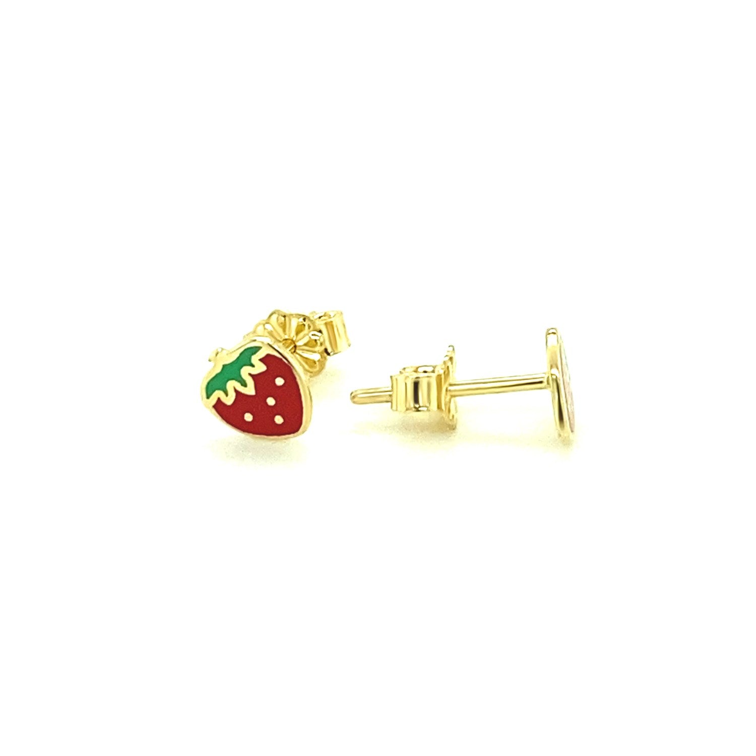 14k yellow gold enameled strawberry children's earrings with screw backs.