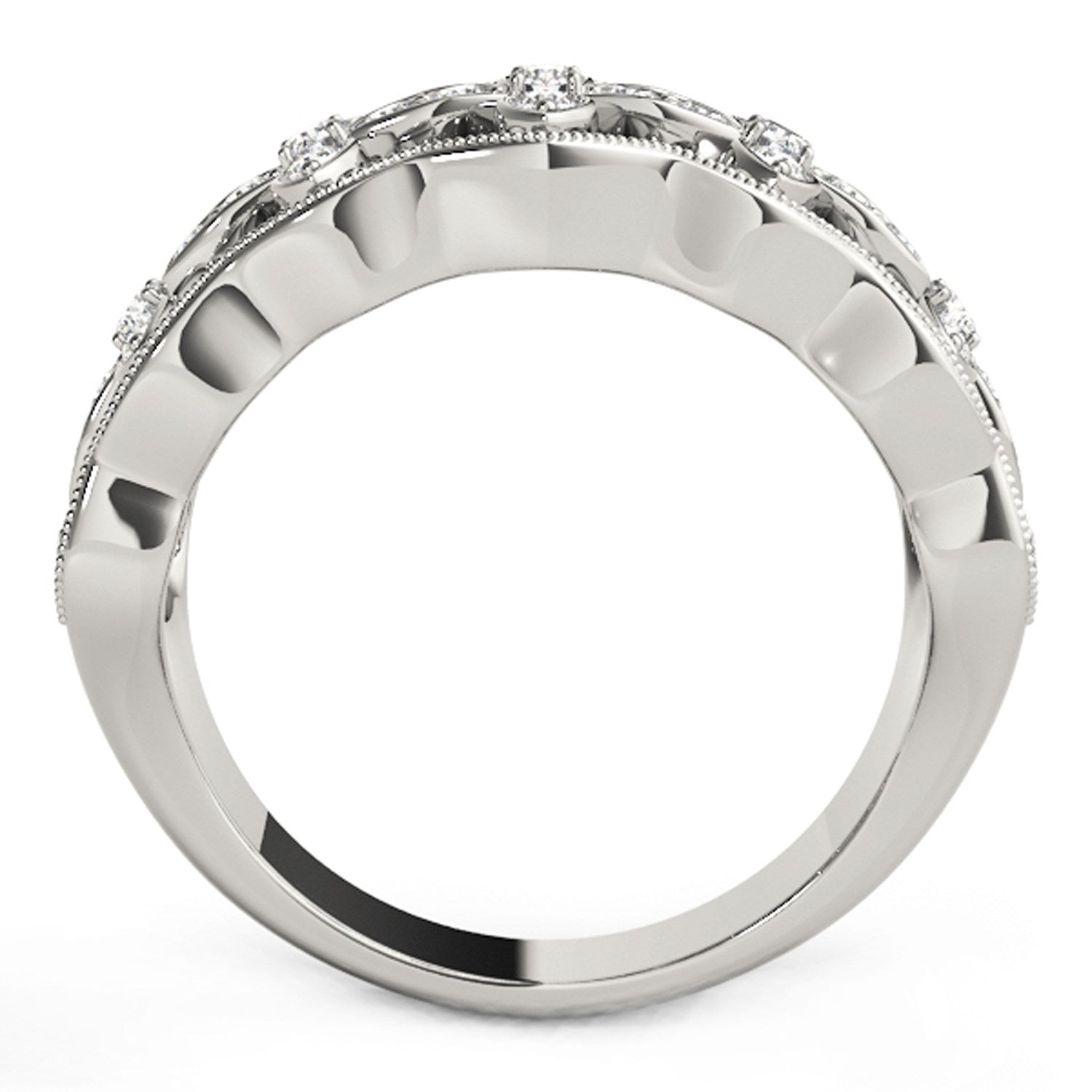 Diamond studded four-leaf clover motif ring in 14k white gold, side view.