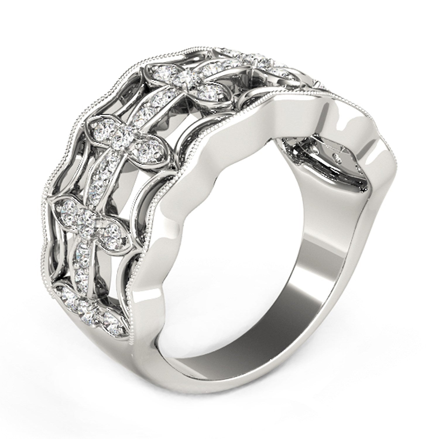 14k white gold ring with diamond-studded four-leaf clover motifs and milgrain edges.