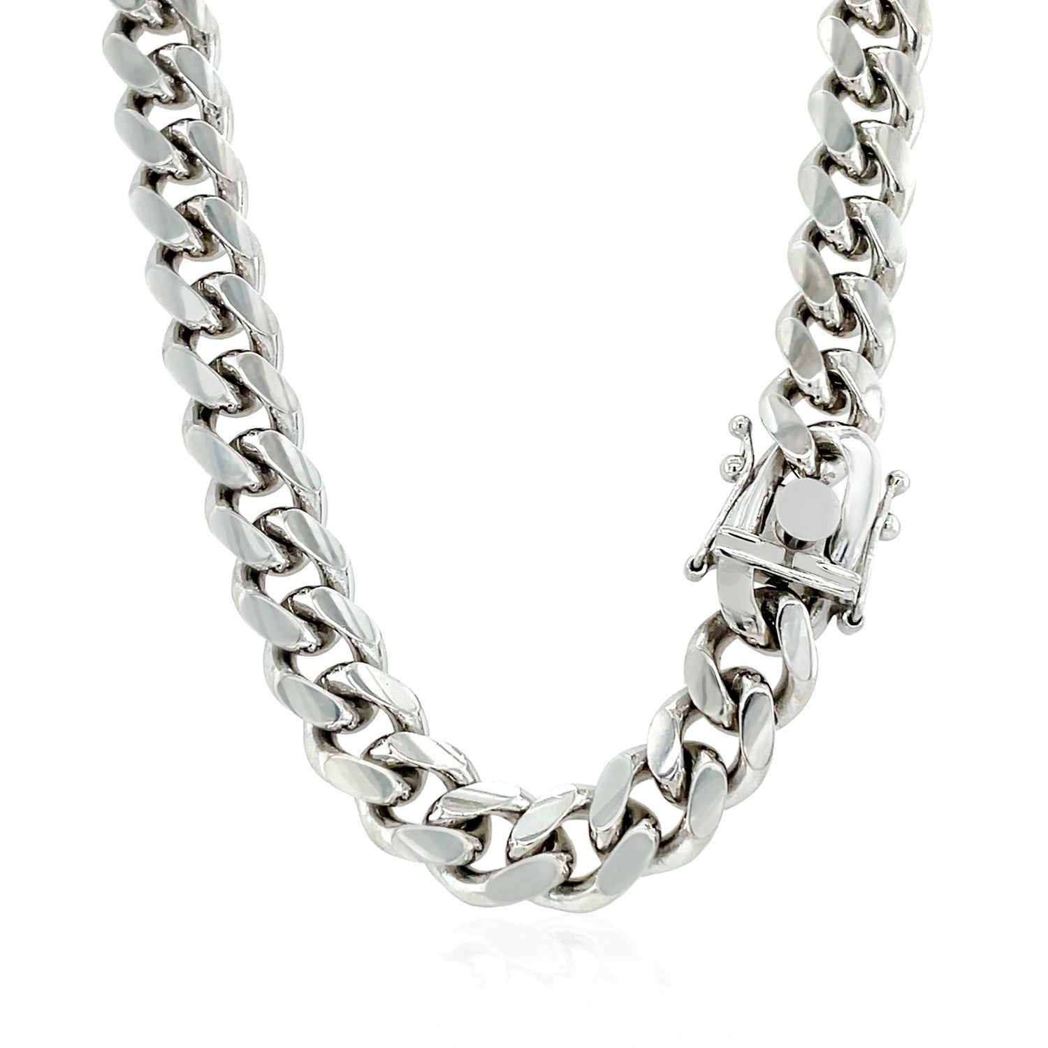 Sterling silver rhodium-plated Miami Cuban chain with a box clasp.