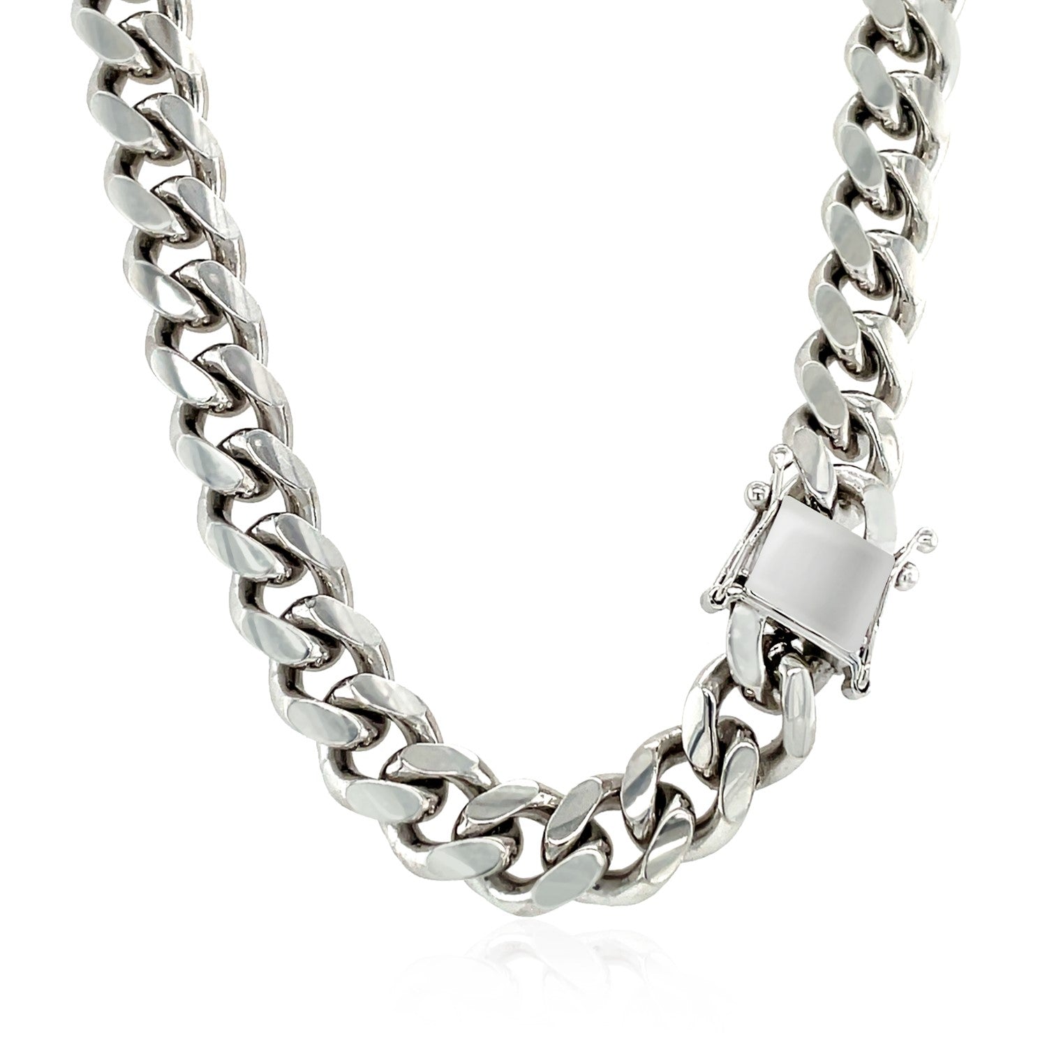 Sterling silver rhodium-plated Miami Cuban chain with a box clasp.