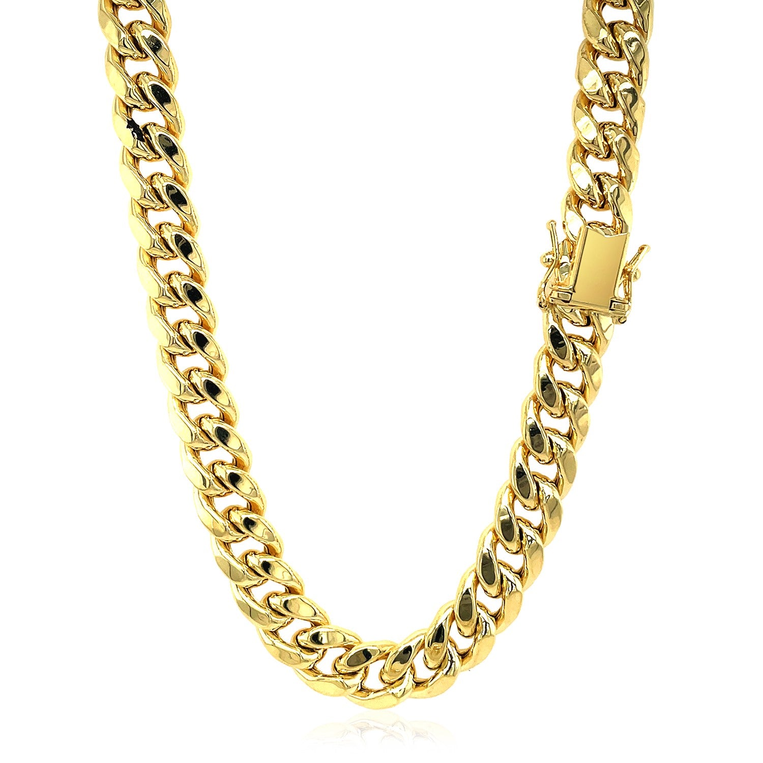 14k yellow gold semi-solid Miami Cuban chain with a box clasp.