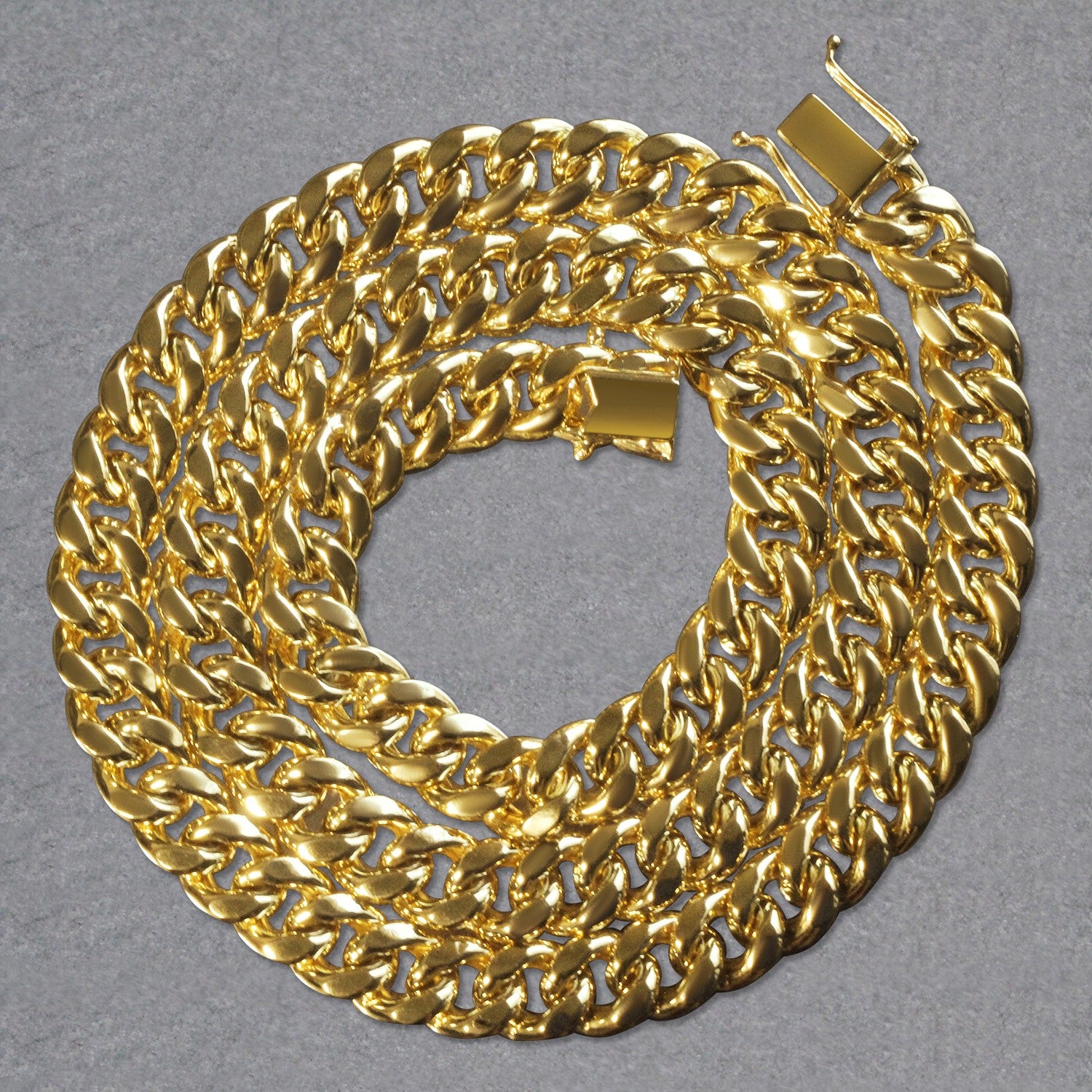 14k yellow gold semi-solid Miami Cuban chain, 9.10 mm wide, with a box clasp.