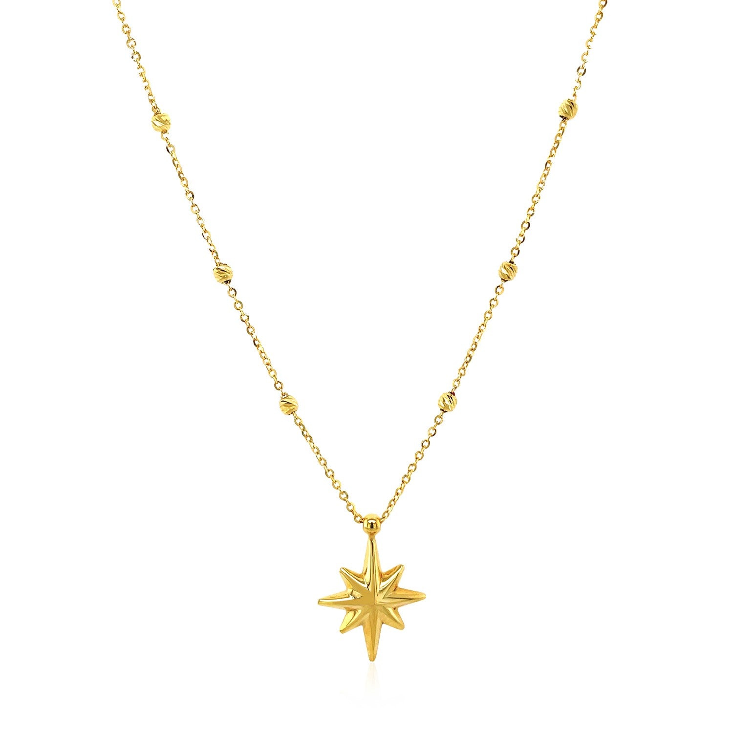 14k yellow gold necklace with an eight-pointed star pendant and textured beads.