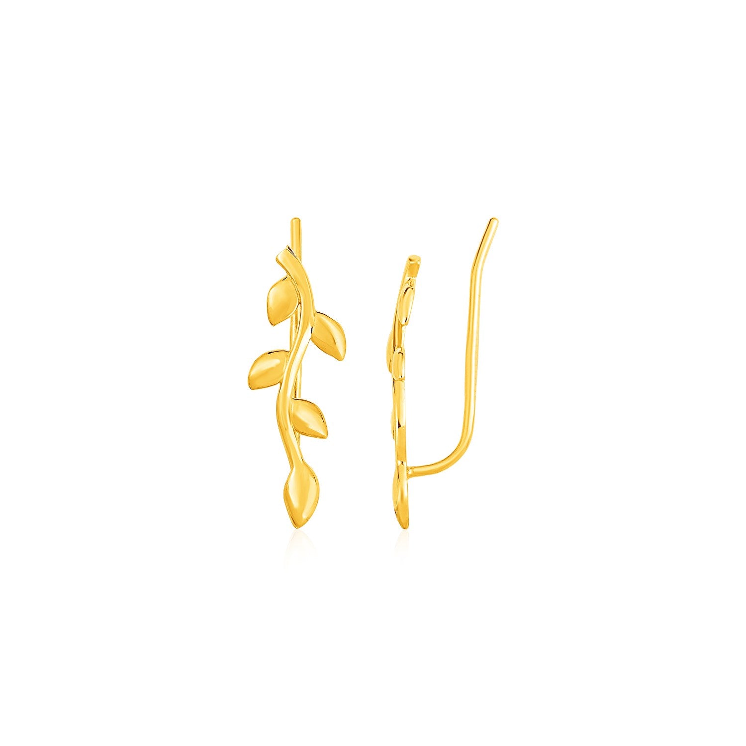 Leafy branch motif climber earrings in 14k yellow gold.