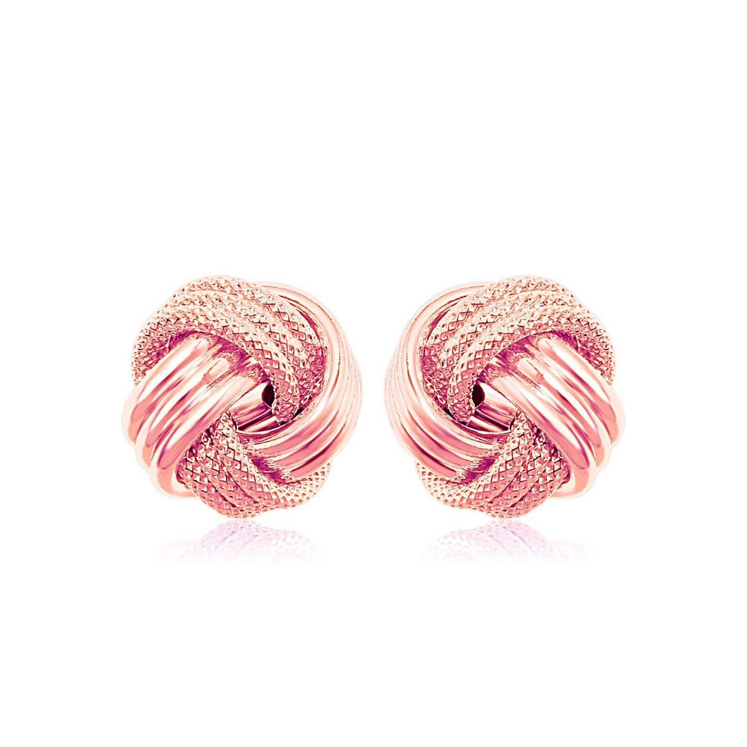 Two 14k rose gold love knot earrings with a ridge texture and high polish finish.
