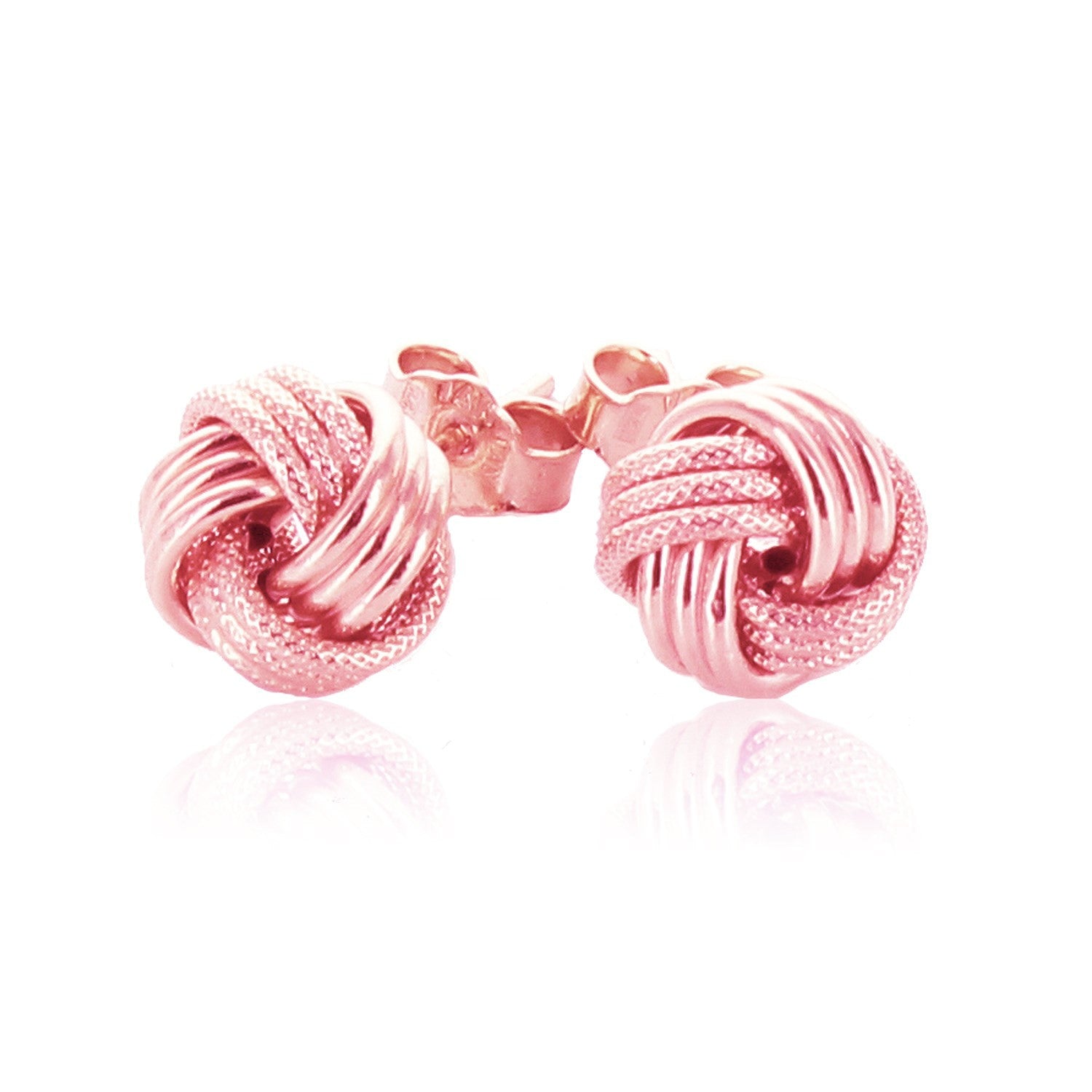 A pair of 14k rose gold love knot earrings with ridge texture.