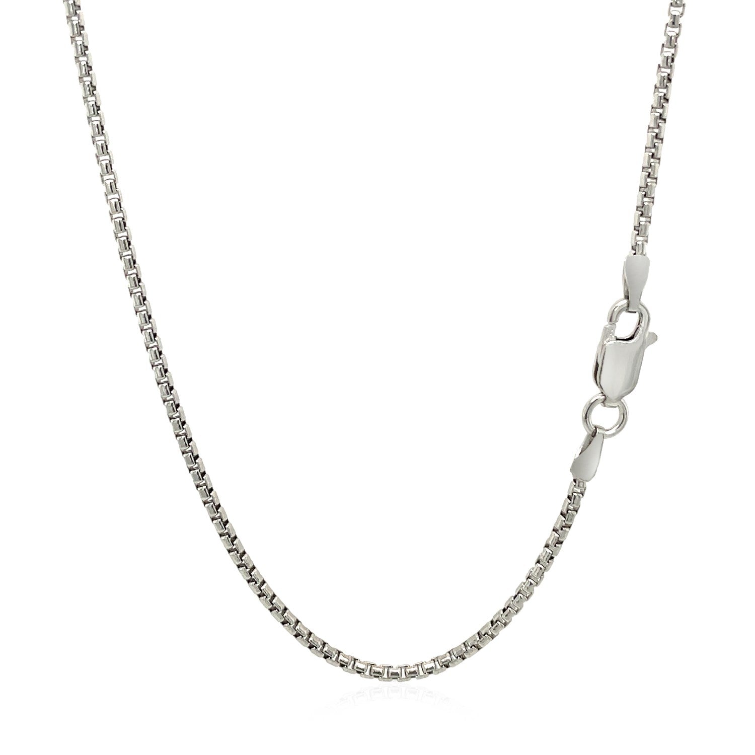 Sterling silver rhodium-plated round box chain with a lobster clasp.
