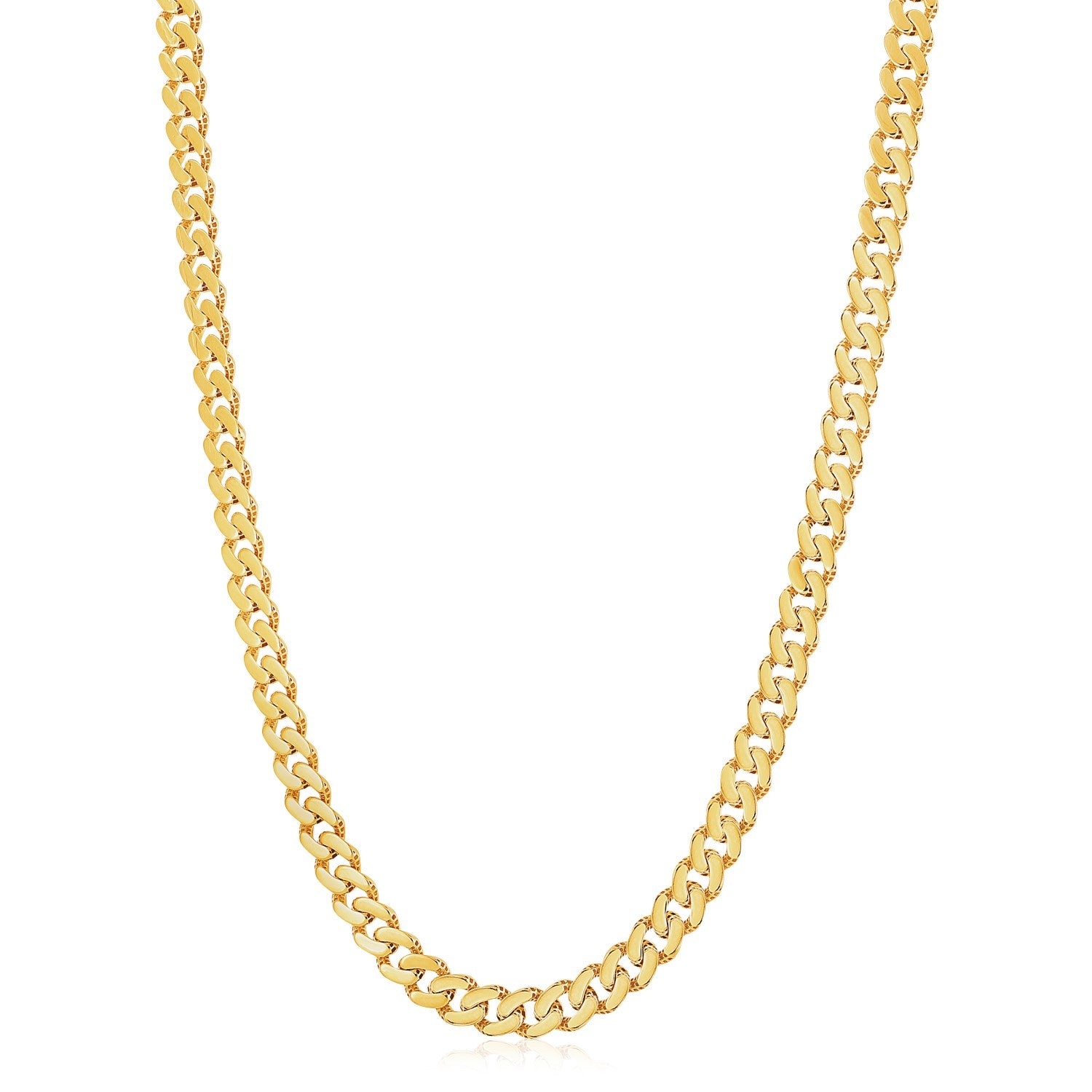 A polished 14k yellow gold Miami Cuban chain with a white pave design.