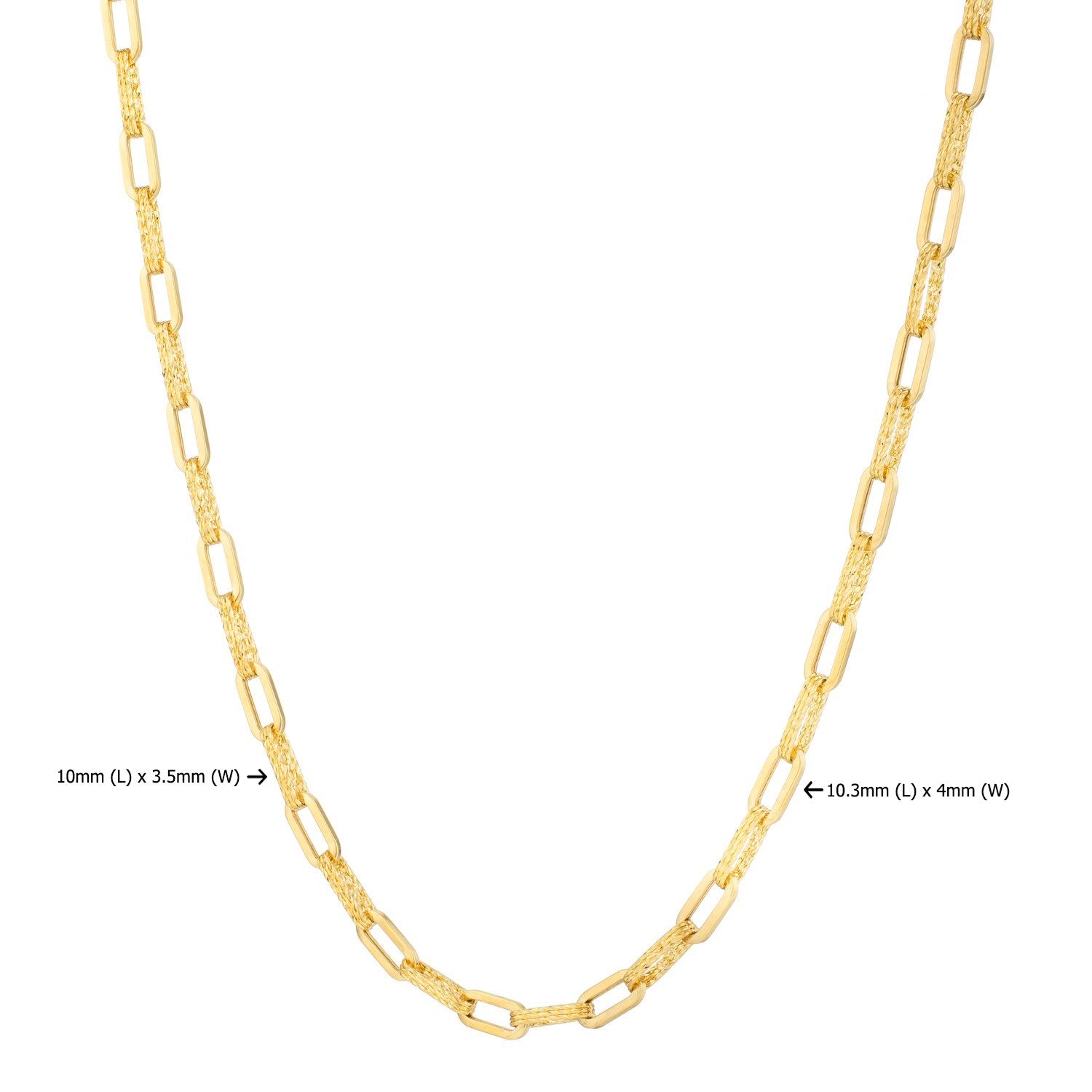 14k yellow gold diamante paperclip chain necklace with 10mm x 3.5mm and 10.3mm x 4mm links.