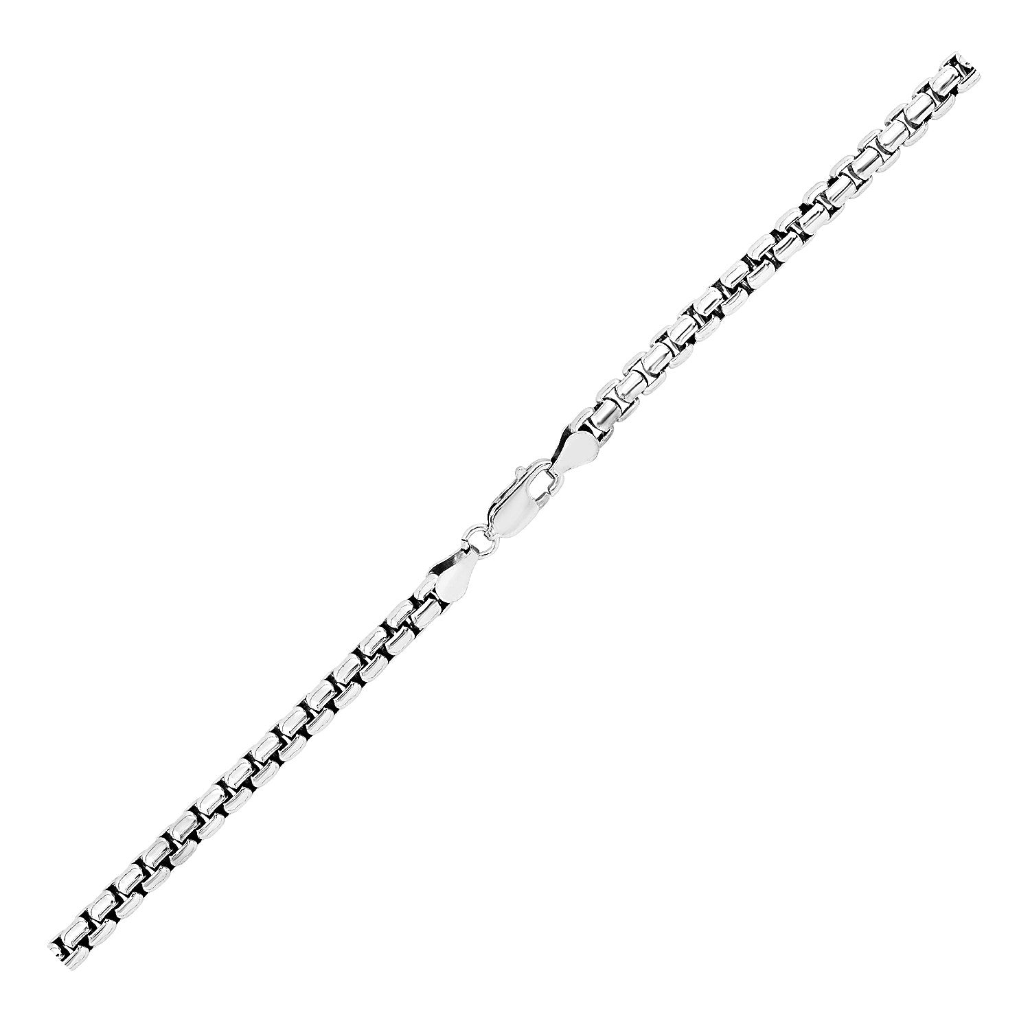 Sterling silver rhodium-plated round box chain with a lobster clasp.