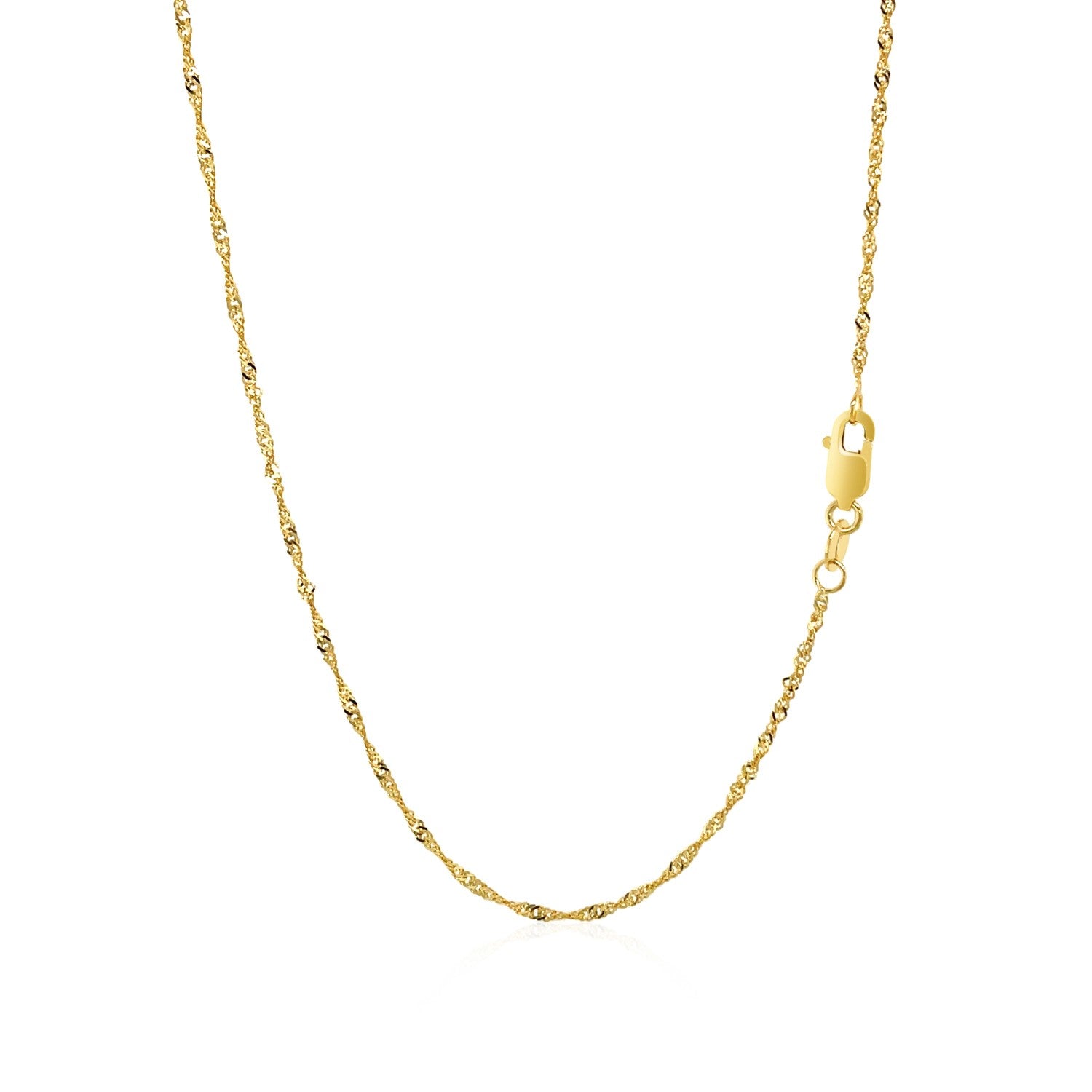 A 14k yellow gold Singapore chain with a lobster clasp.