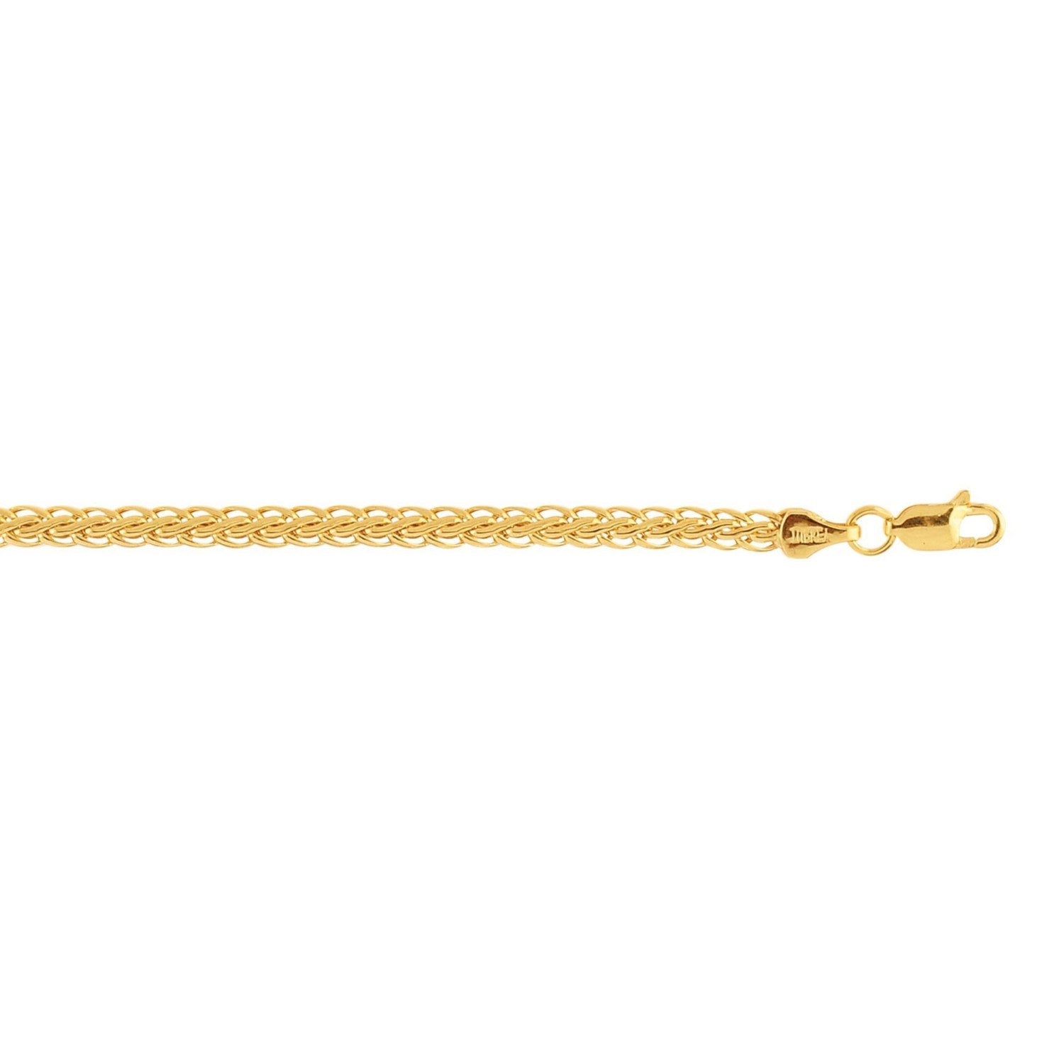 A yellow gold wheat chain bracelet with a lobster clasp.