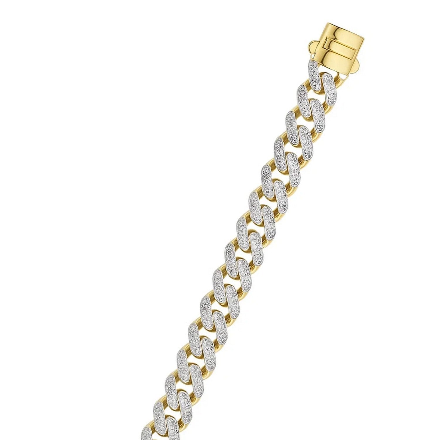 A two-tone gold curb chain bracelet with diamond pave links and a box clasp.