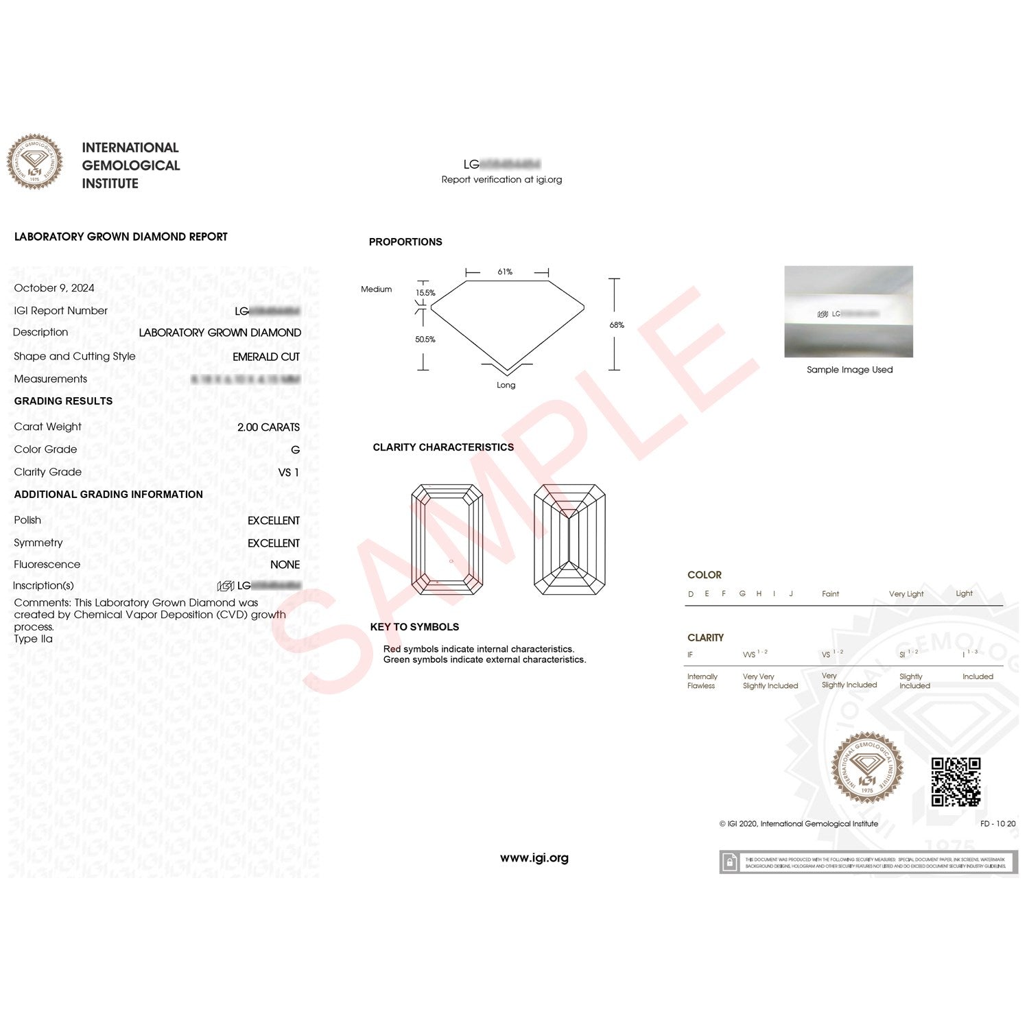 IGI laboratory grown diamond report for a 2 carat emerald cut diamond.