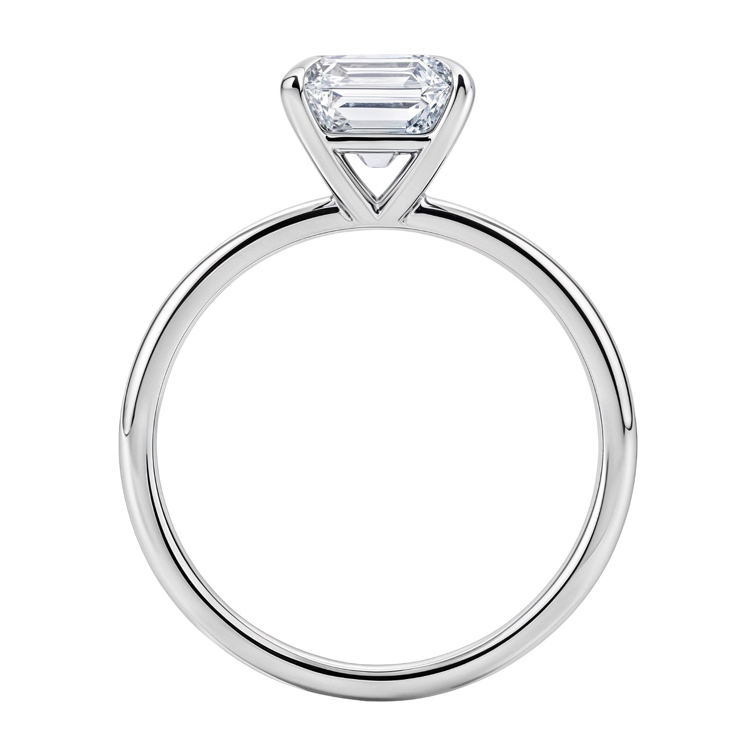 Emerald lab grown diamond solitaire ring in 10K white gold.