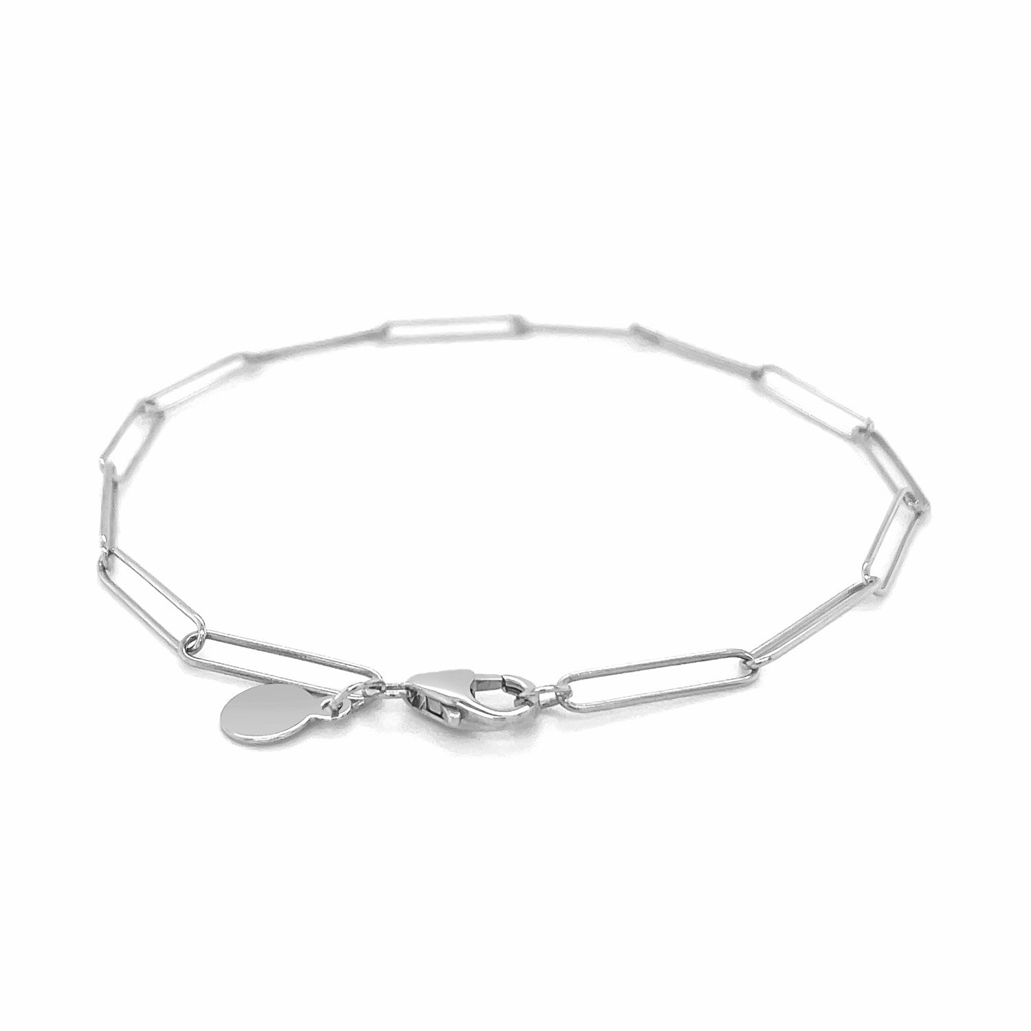 14k white gold paperclip bracelet with a lobster clasp and small circular tag.