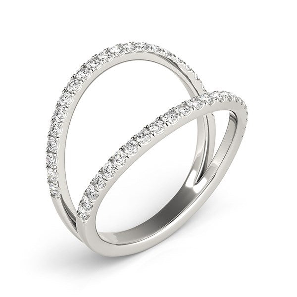 14k white gold split band ring with pave set round diamonds.