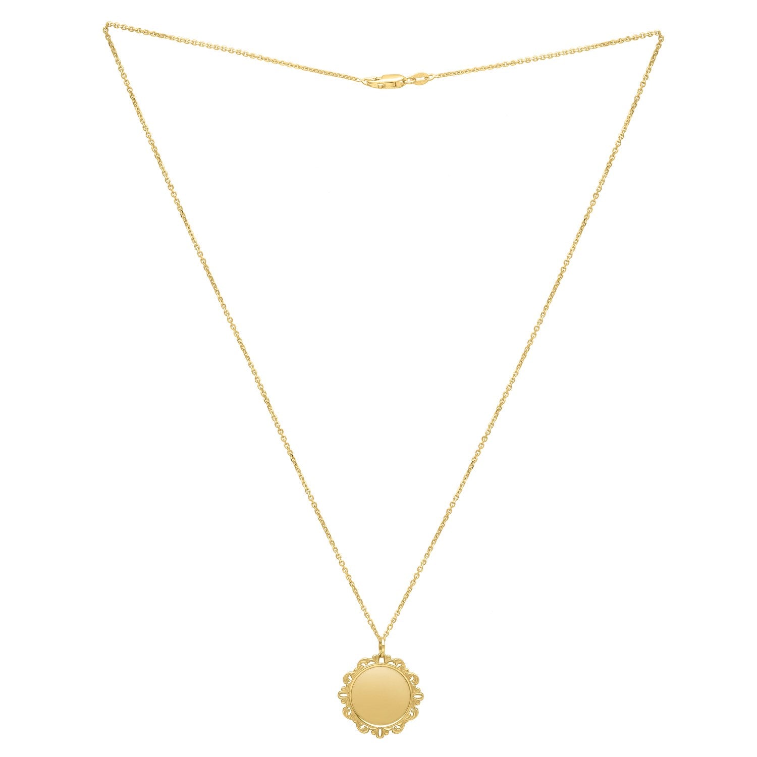 A 14K yellow gold baroque round pendant and necklace with an 18-inch chain.