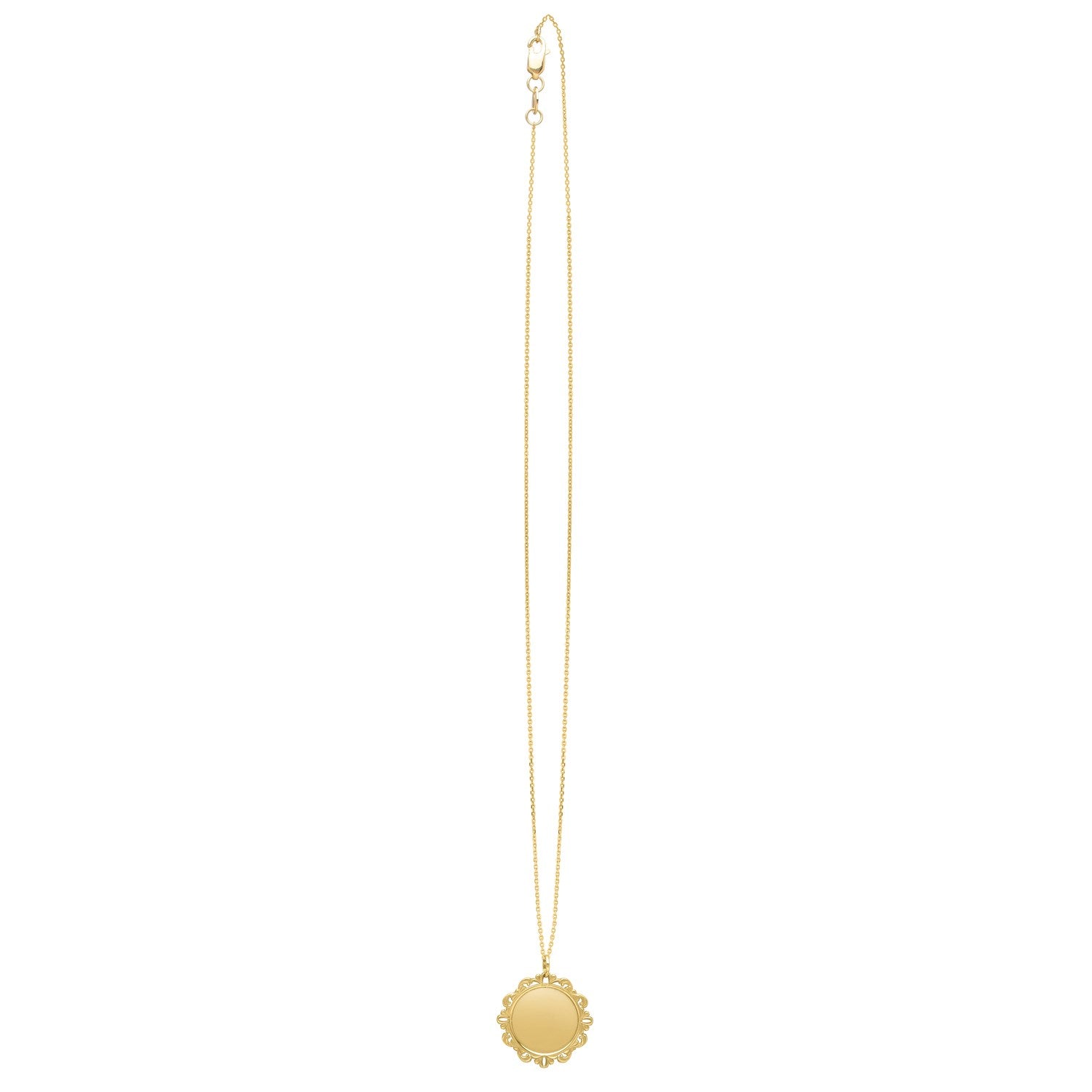 Baroque round pendant and necklace in 14K yellow gold with a lobster clasp.