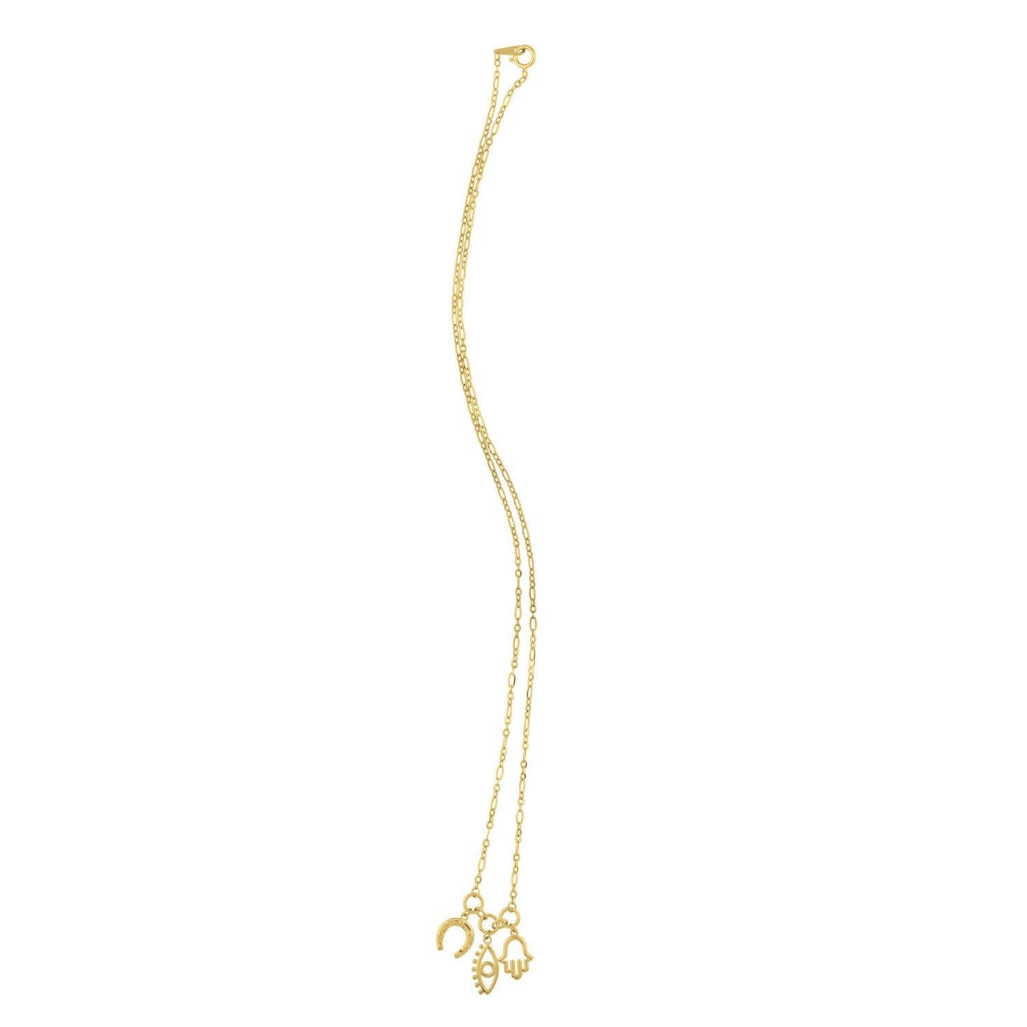 14K yellow gold drop necklace with a Hamsa, eye, and horseshoe charm.