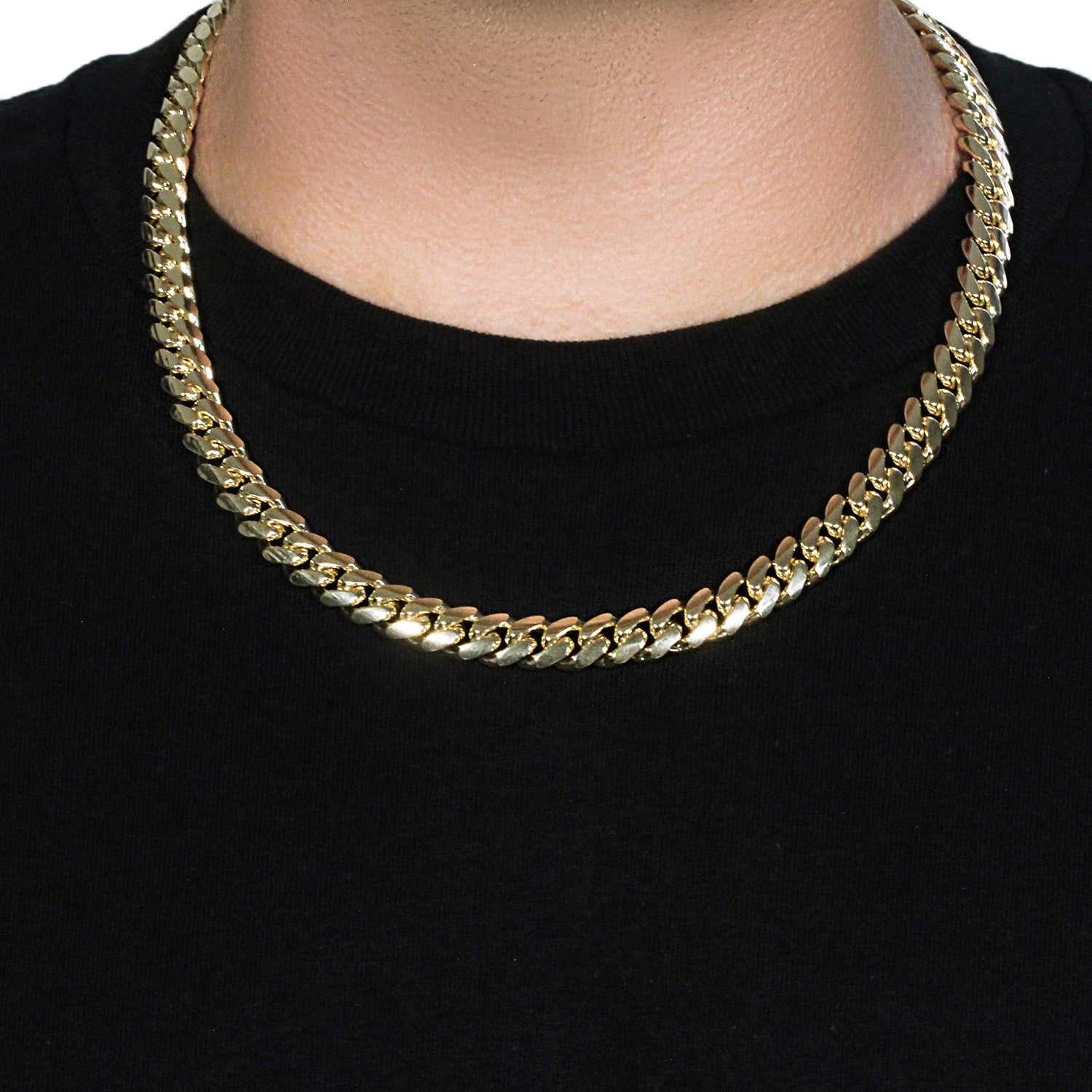 14k yellow gold classic Miami Cuban solid chain, 10.10 mm wide, on a person's neck.