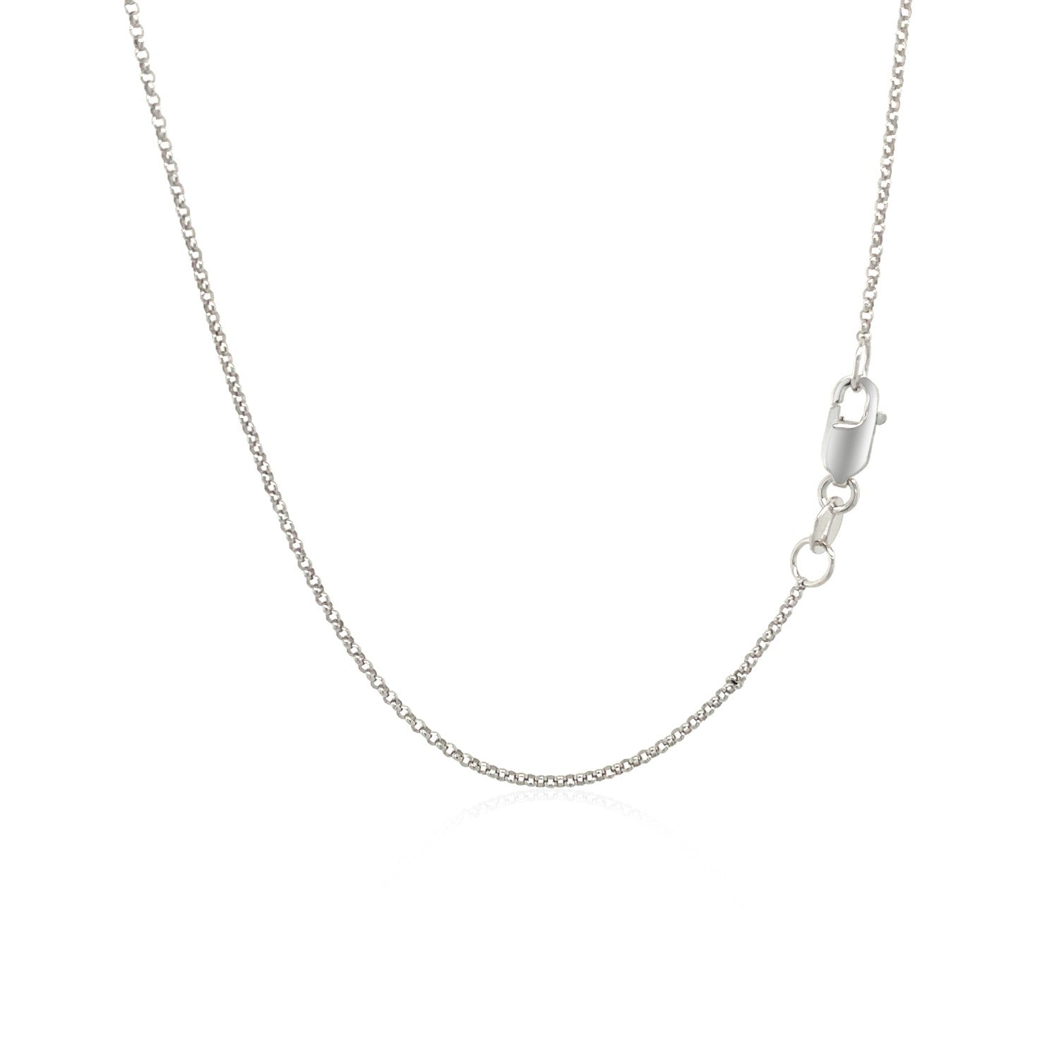 A 14k white gold diamond cut rolo chain with a lobster clasp.