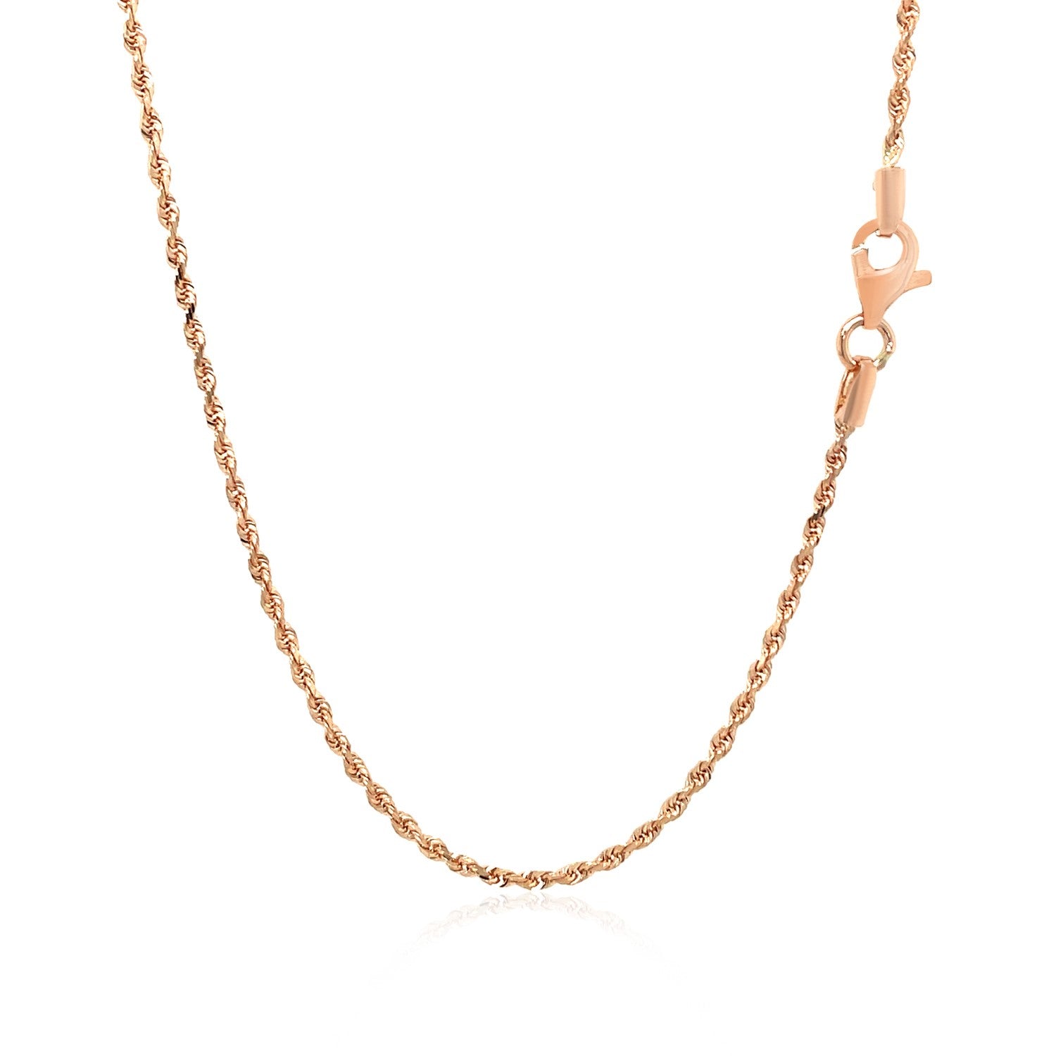 A 14k rose gold solid diamond cut rope chain with a lobster clasp.