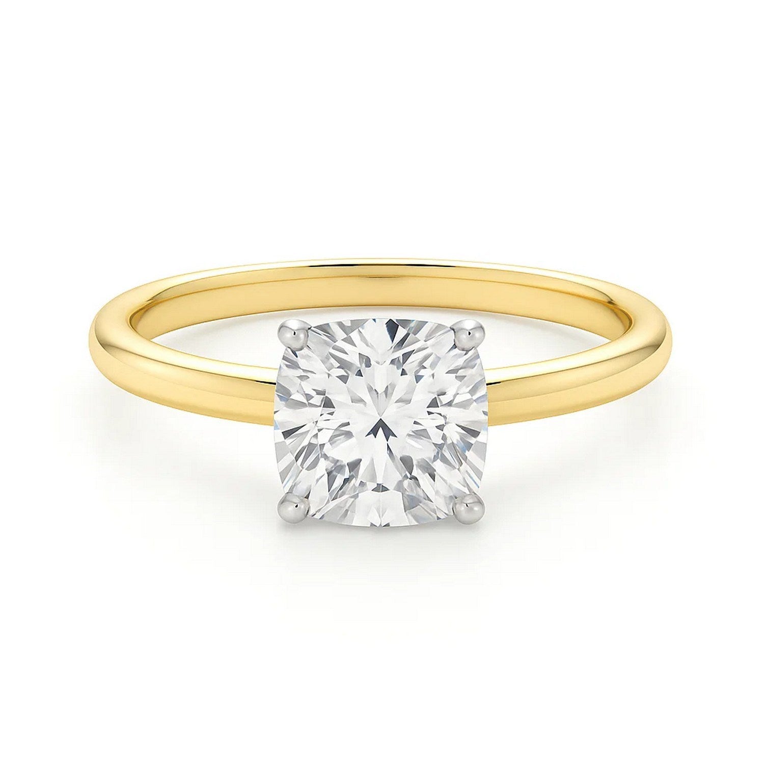 A cushion-cut lab-grown diamond solitaire ring in 10K yellow gold.