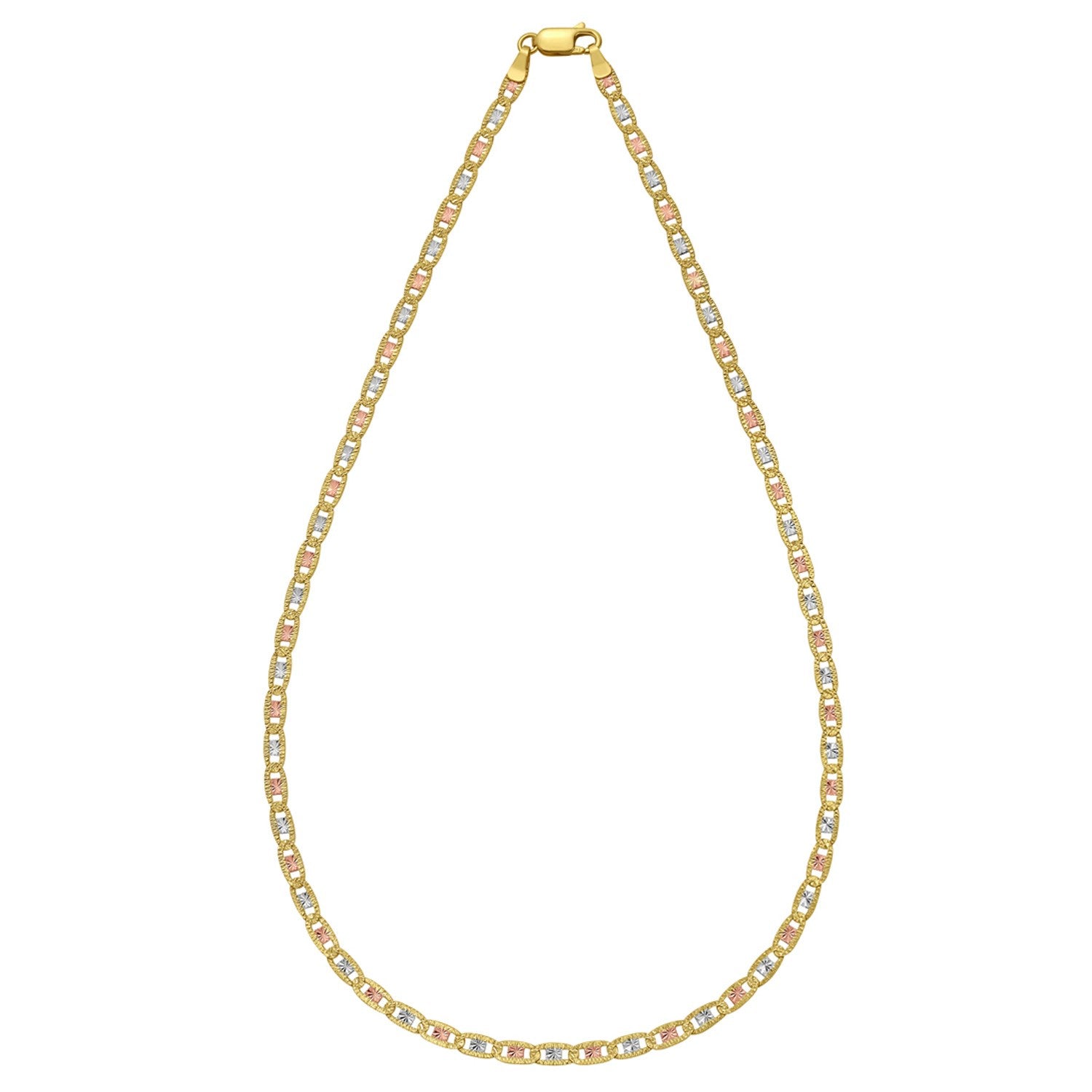 14K tri-color gold pave Valentino chain with a lobster clasp.