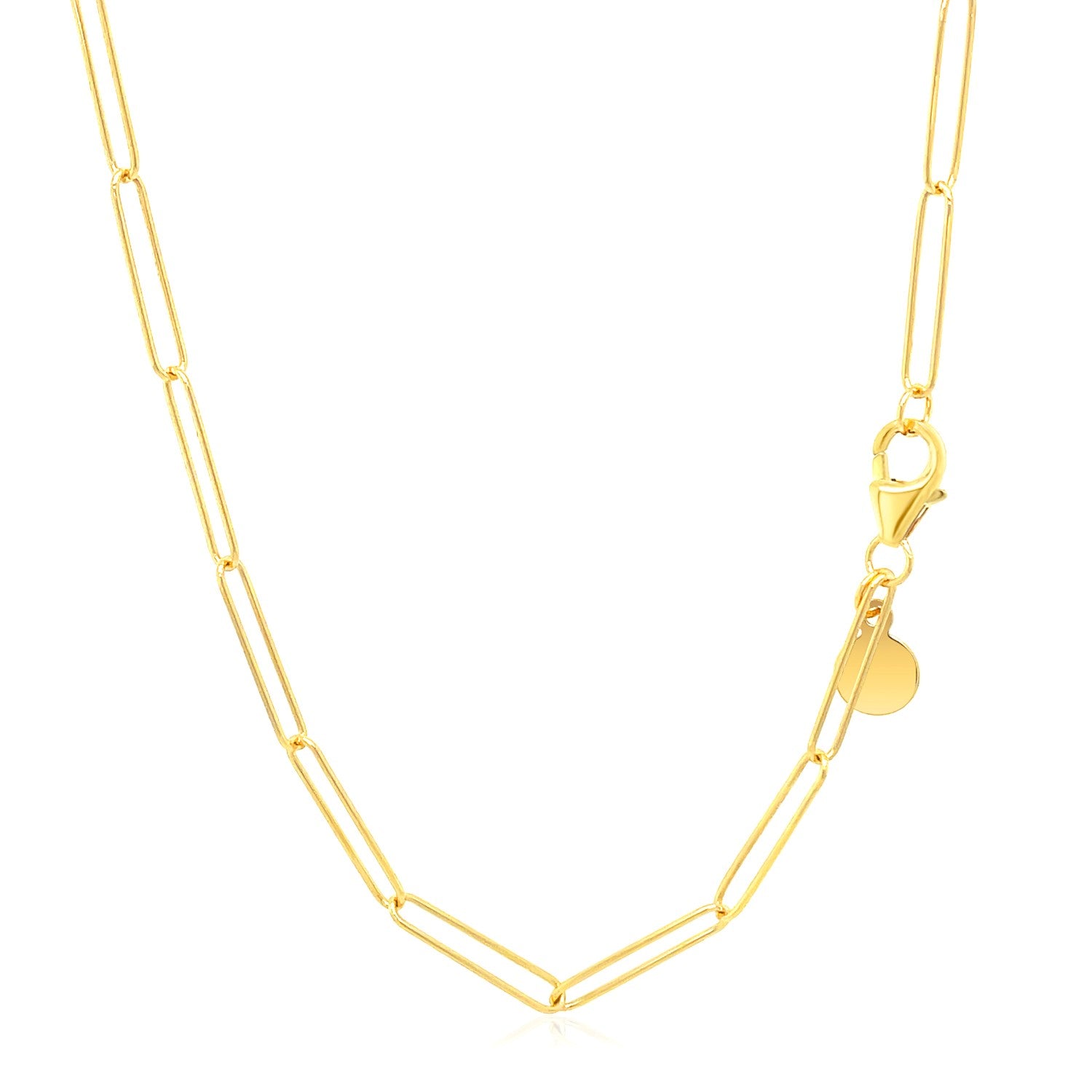 14k yellow gold paperclip chain with a lobster clasp and a small round tag.