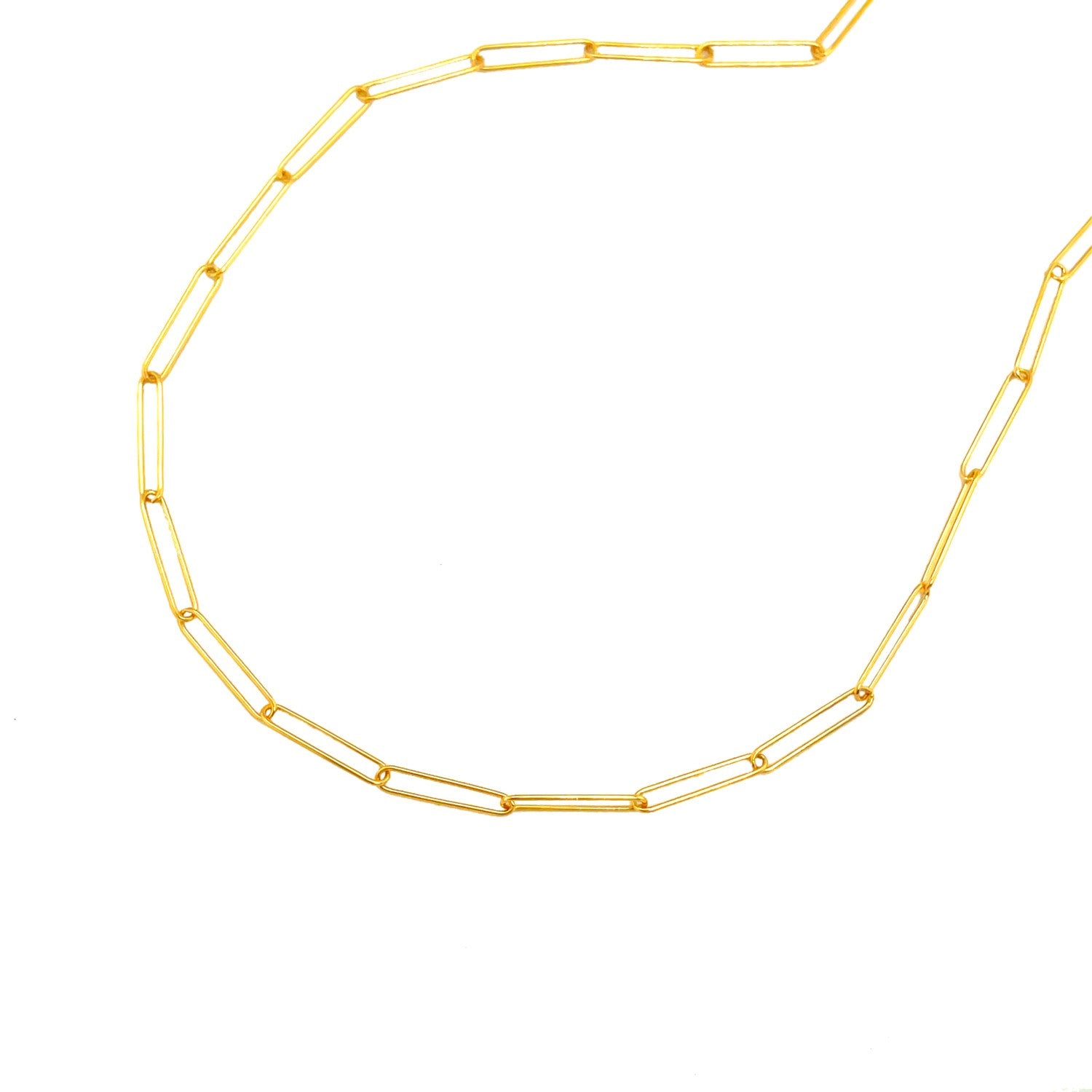 A 14k yellow gold paperclip chain with 2.7 mm wide links.