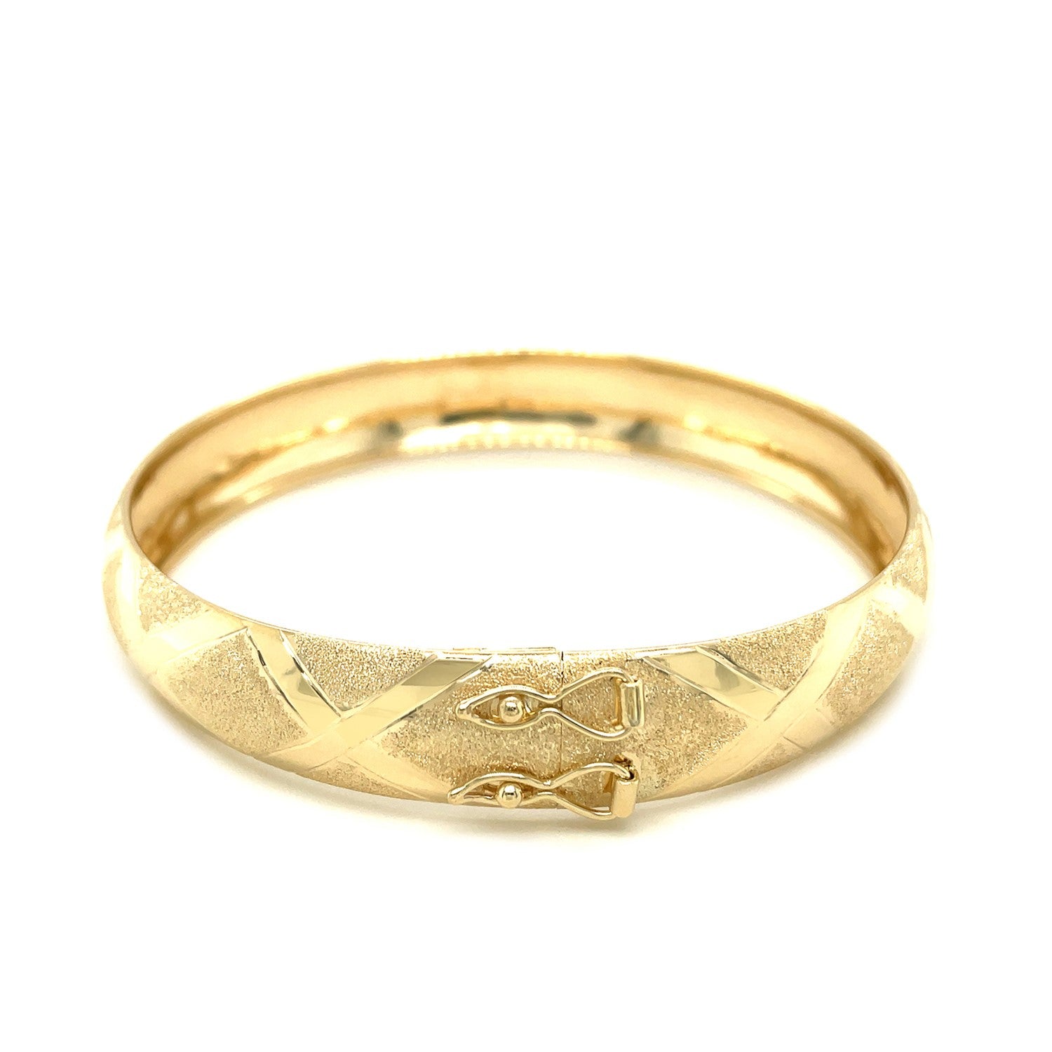 10k yellow gold dual-textured diamond pattern bangle with a secure clasp.