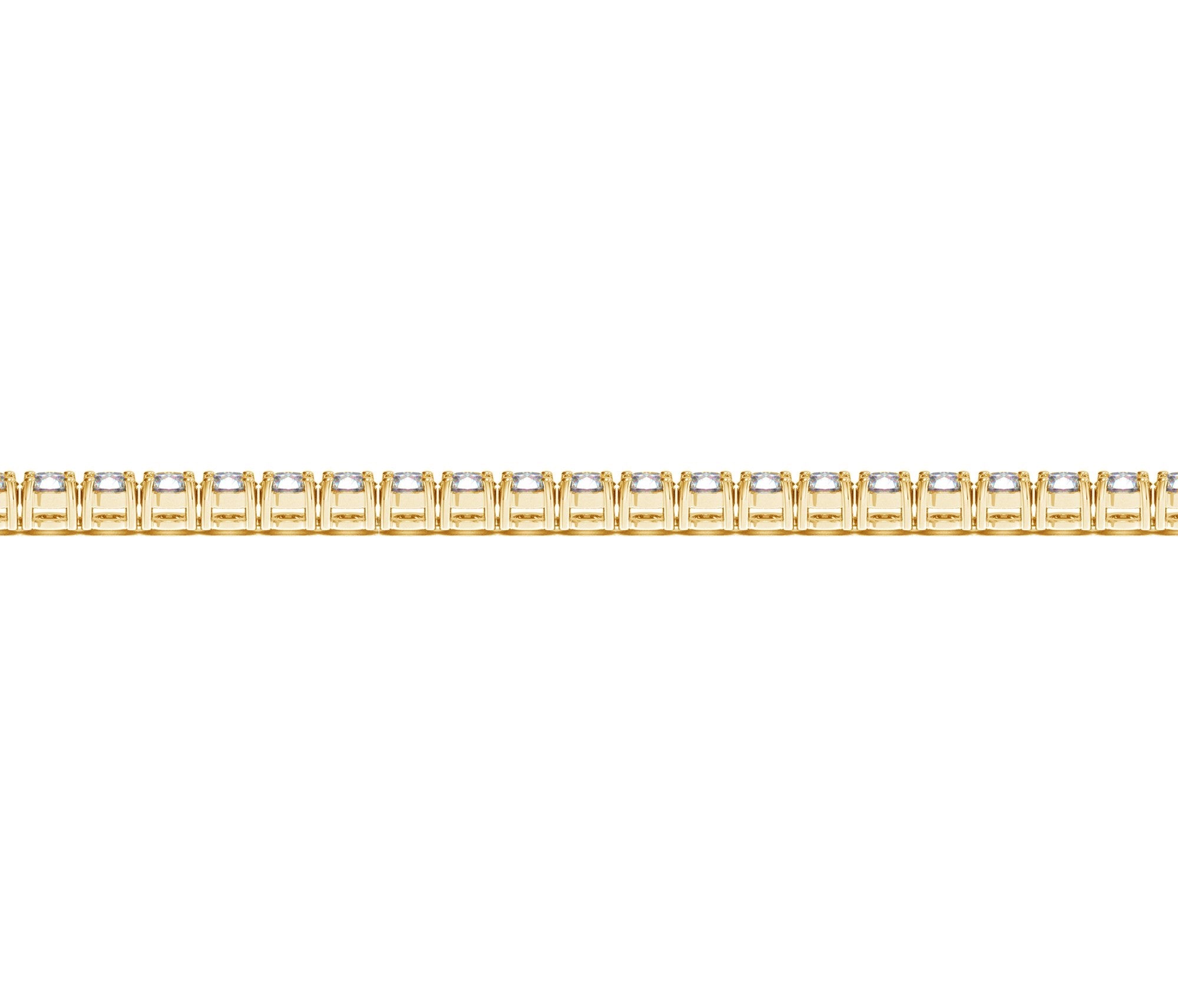 A yellow gold tennis bracelet with round lab-grown diamonds.