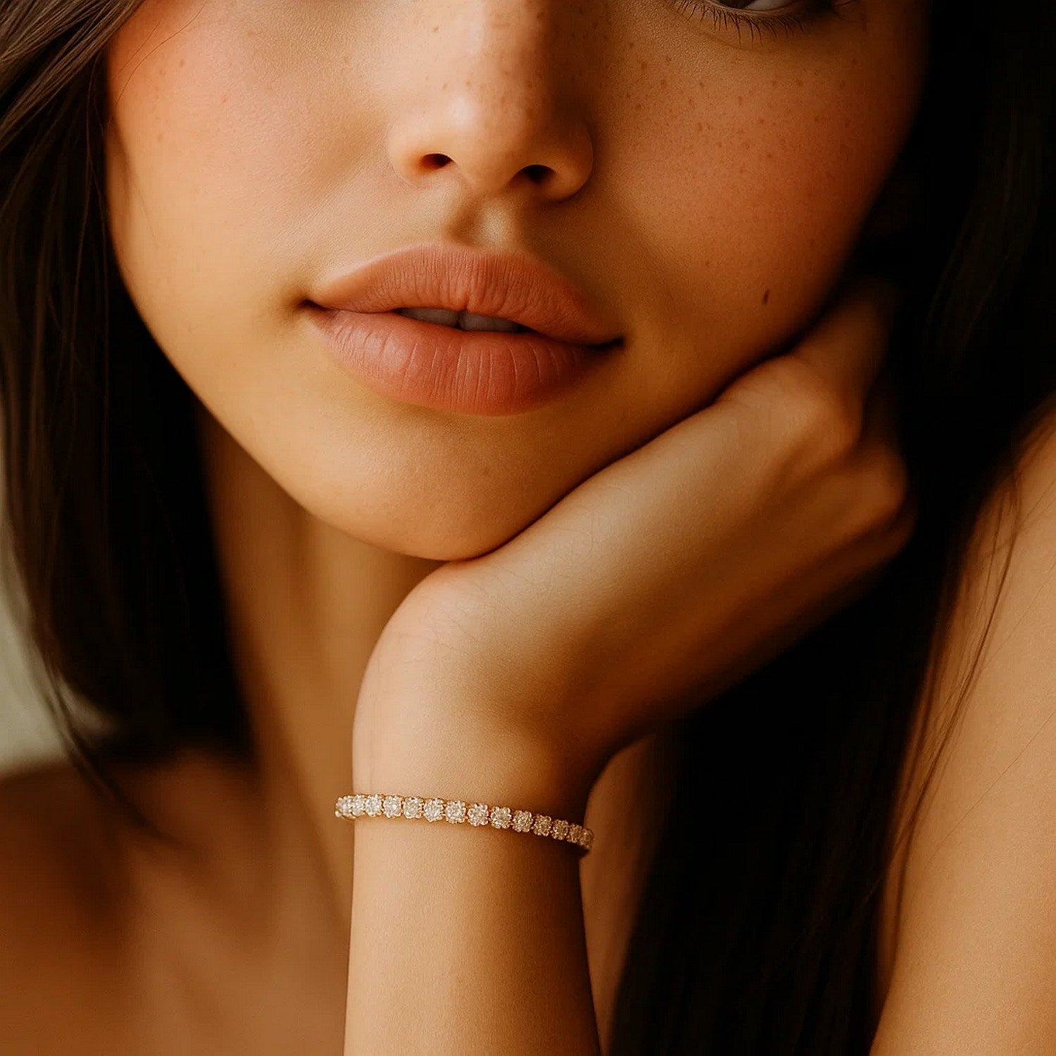 A woman wears a yellow gold tennis bracelet with round diamonds on her left wrist.