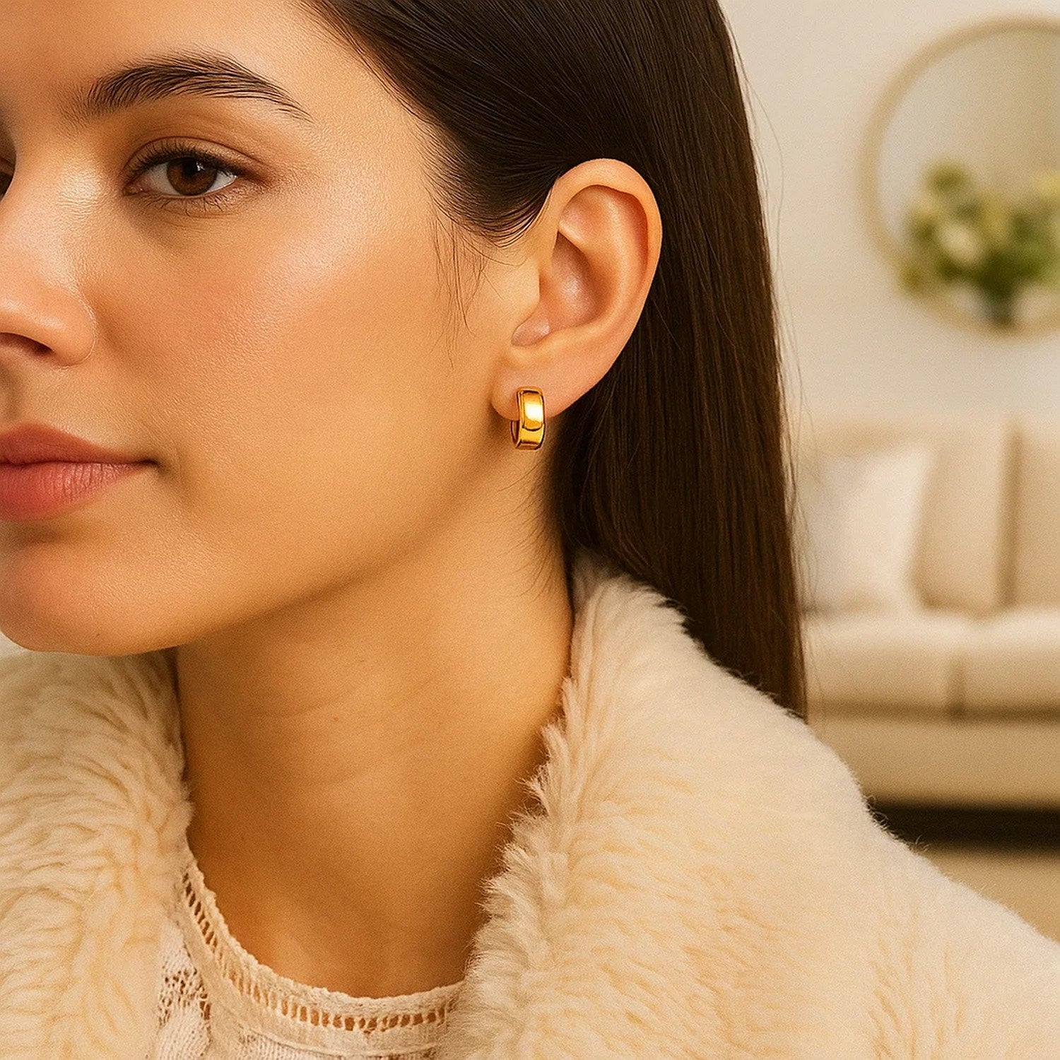 10k yellow gold snuggable hoop earrings on a woman's ear.