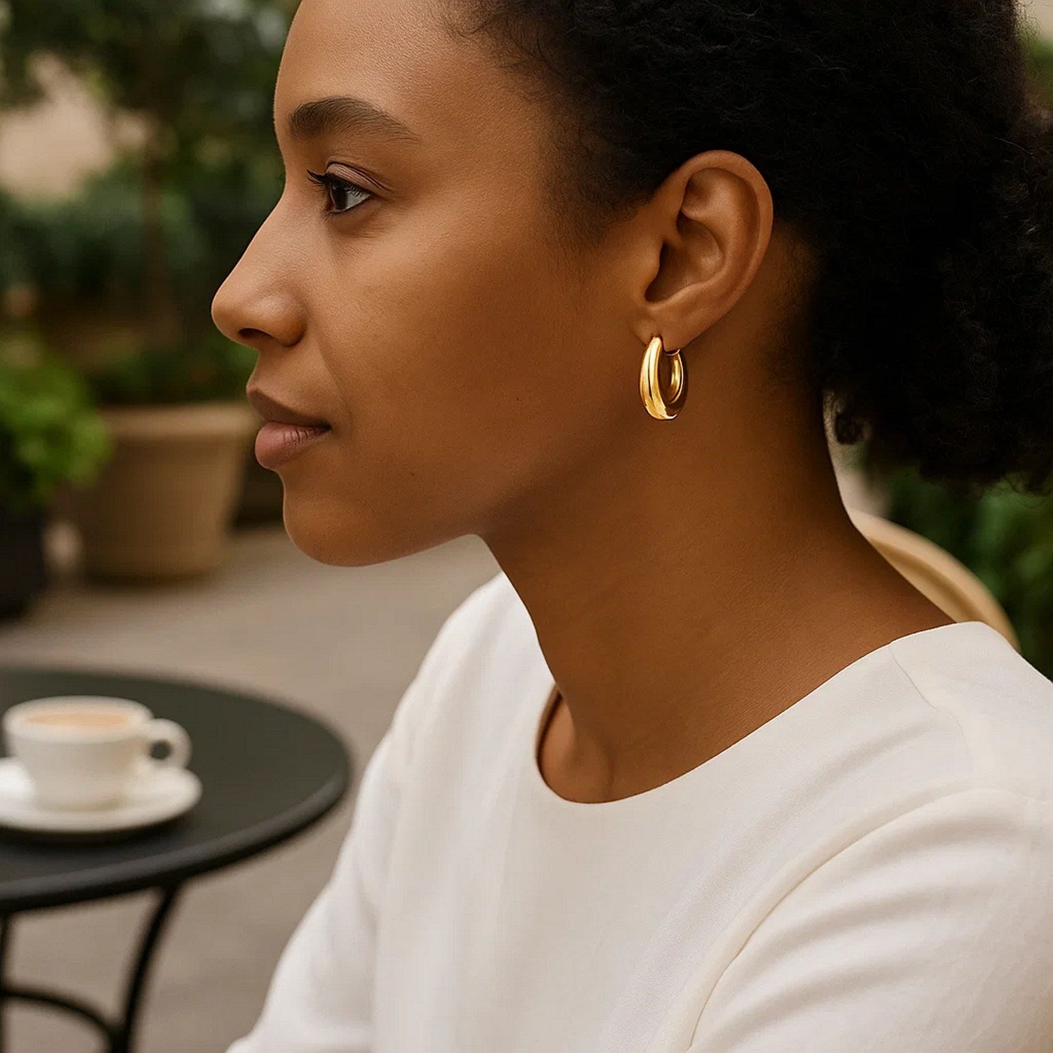 Medium tapered hoop earrings in 14K yellow gold on a woman's ear.